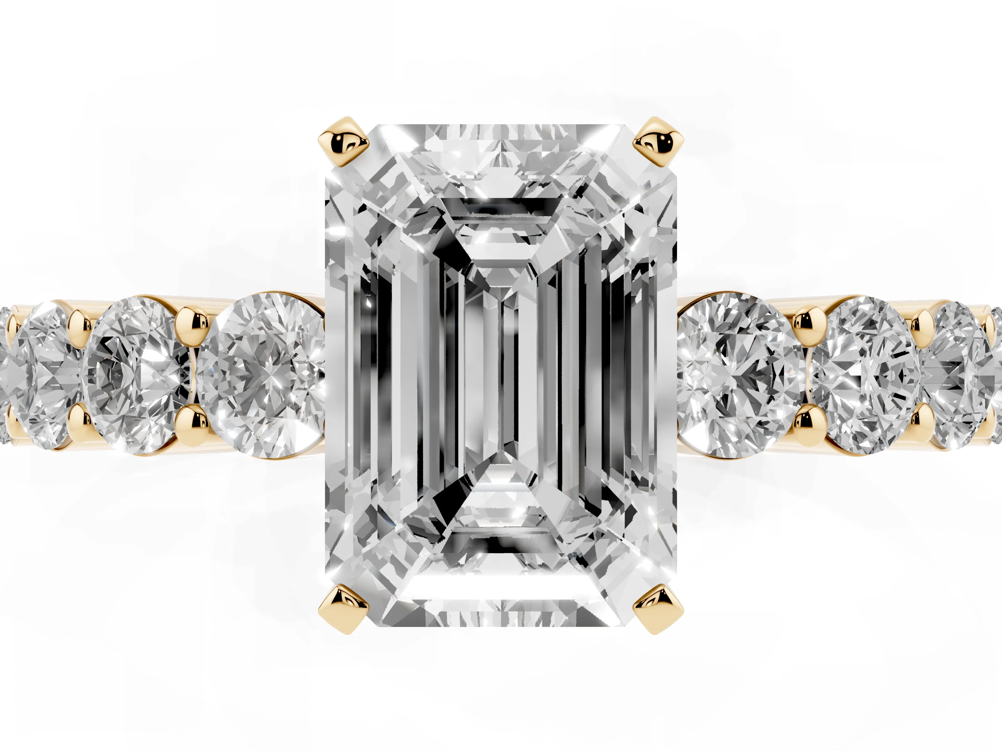 Emerald Cut Diamond Solitaire Ring Set in Yellow gold with Shared Prong Round Side Stones