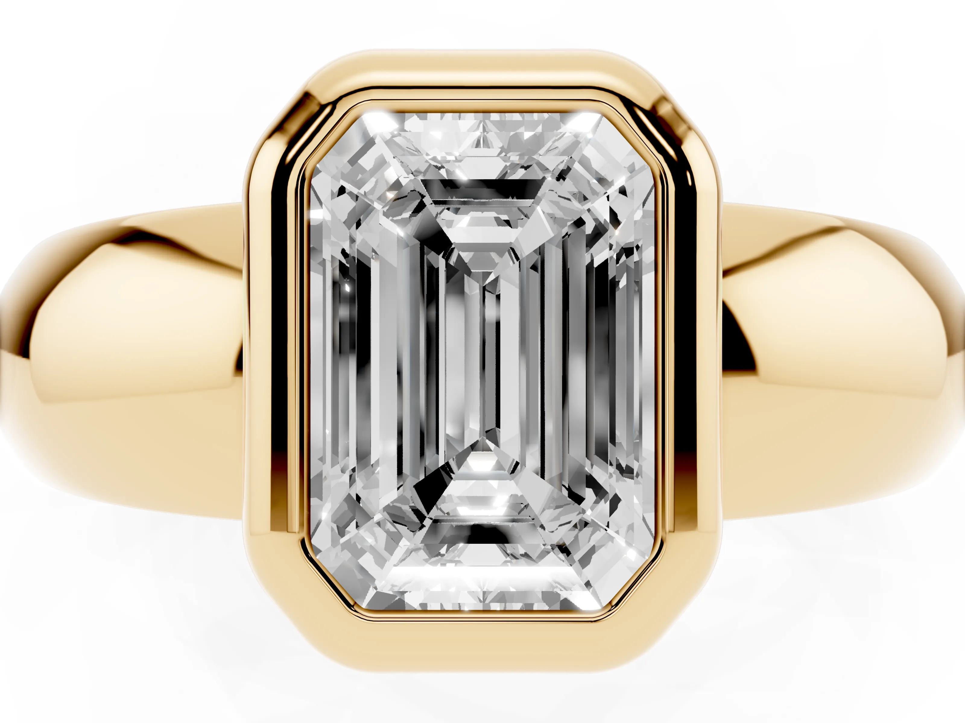 Bezel Set Emerald Cut Diamond Solitaire Ring Set in Yellow gold with Wide Band