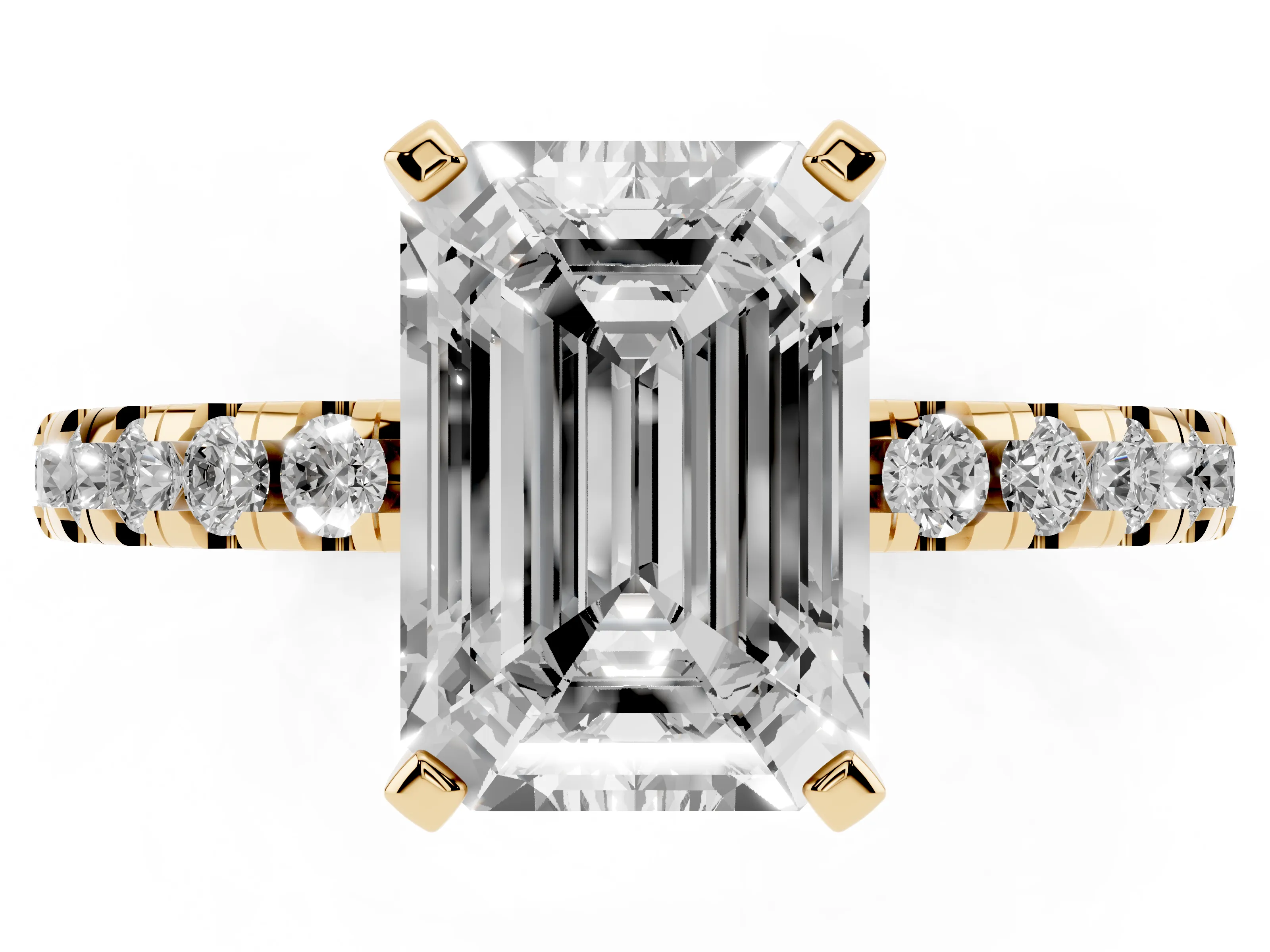 Emerald Cut Diamond Pavé Solitaire Ring Set in Yellow gold with Round Band Accents and Prong Setting