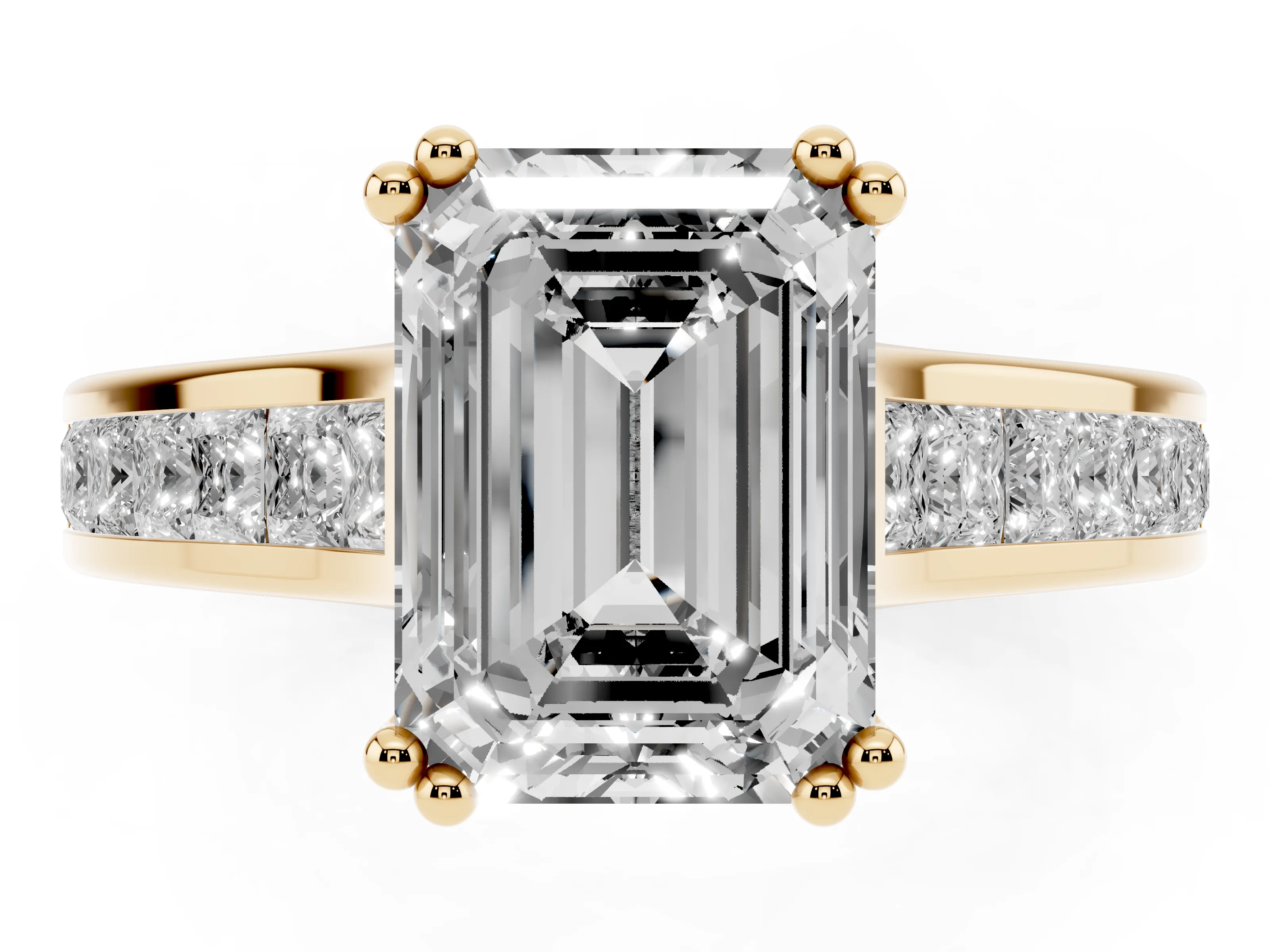 Emerald Cut Diamond Channel Set Solitaire Engagement Ring Set in Yellow gold with Prong Setting