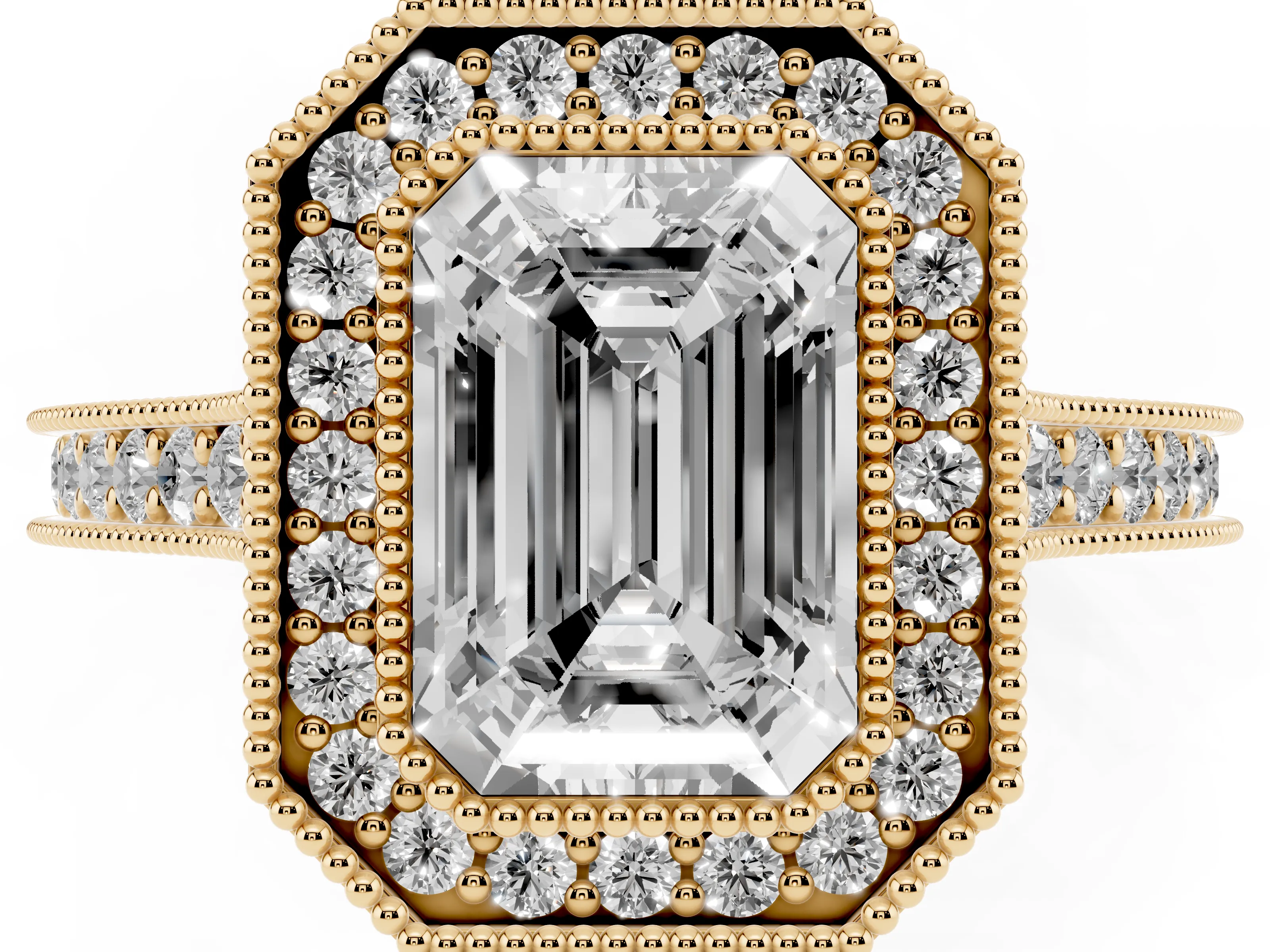 Emerald Cut Diamond Halo Milgrain Pavé Band Ring Set in Yellow gold with Prong Setting