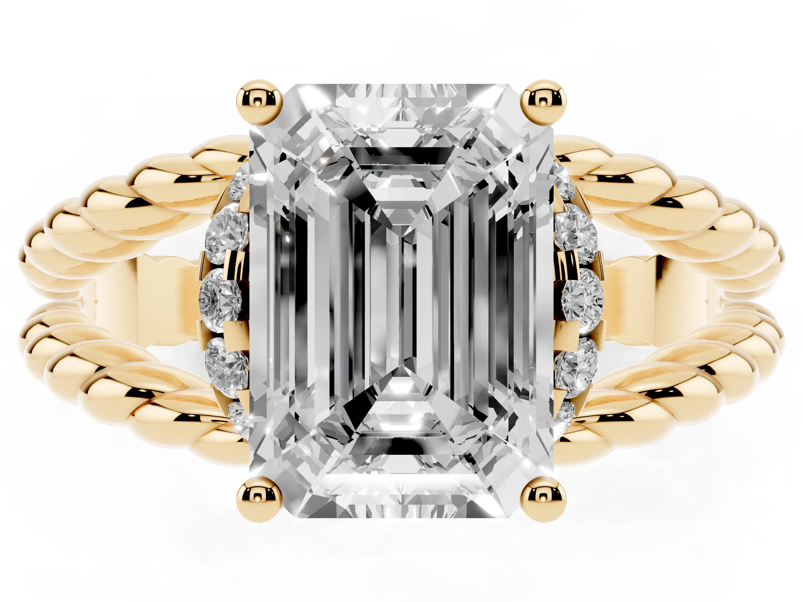 Emerald Cut Diamond Halo Ring Set in Yellow gold with Twisted Band and Prong Setting