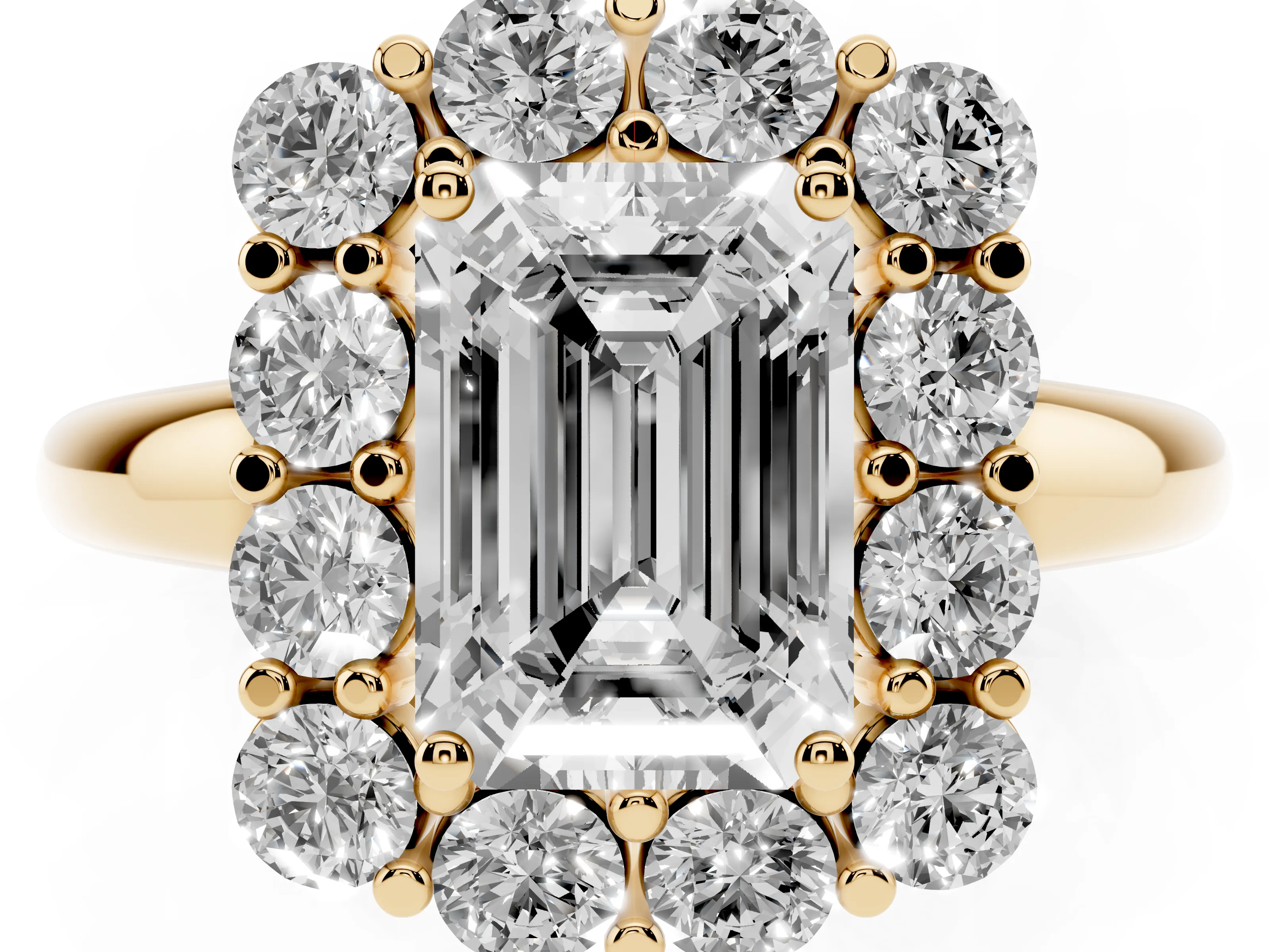 Emerald Cut Diamond Halo Cluster Engagement Ring Set in Yellow gold with Polished Band and Prong Setting