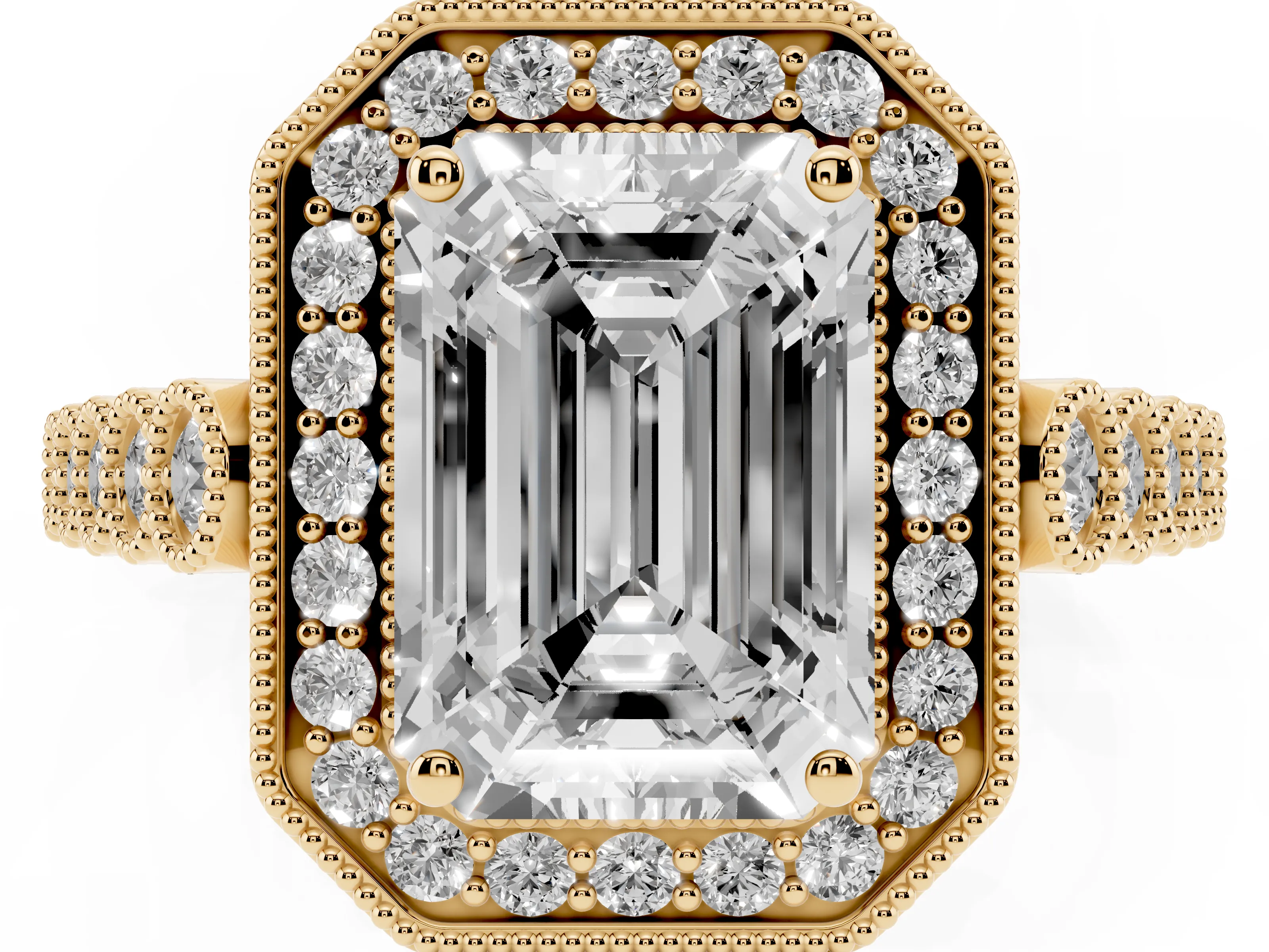 Emerald Cut Diamond Milgrain Halo Solitaire Ring Set in Yellow gold with Bezel Set Side Stones and Pavé Band
