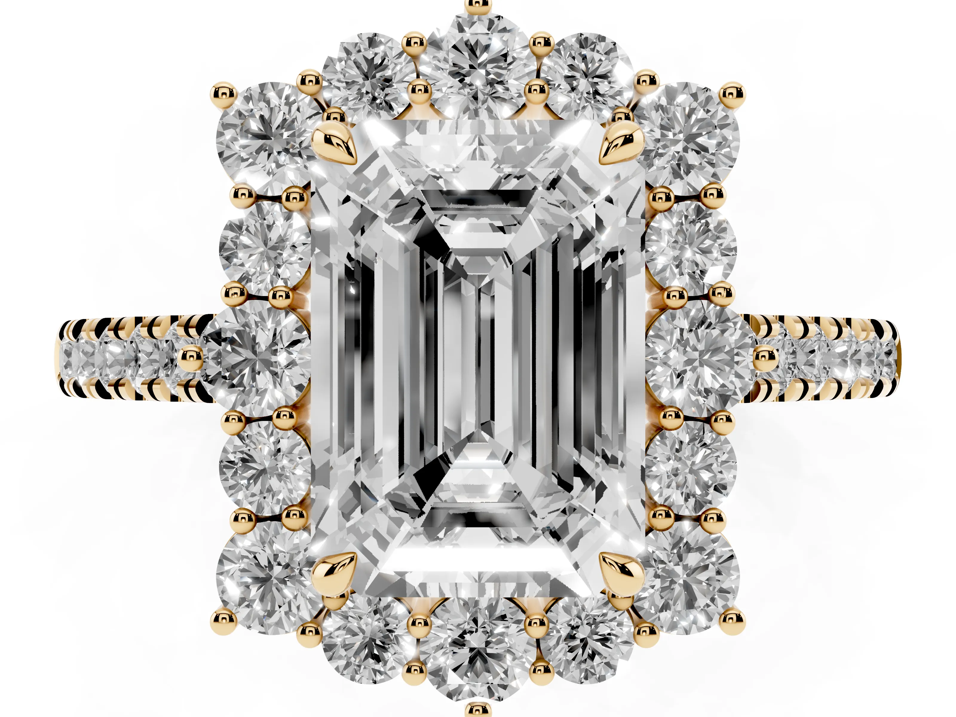 Emerald Cut Diamond Halo Ring Set in Yellow gold with Pavé Band and Prong Setting