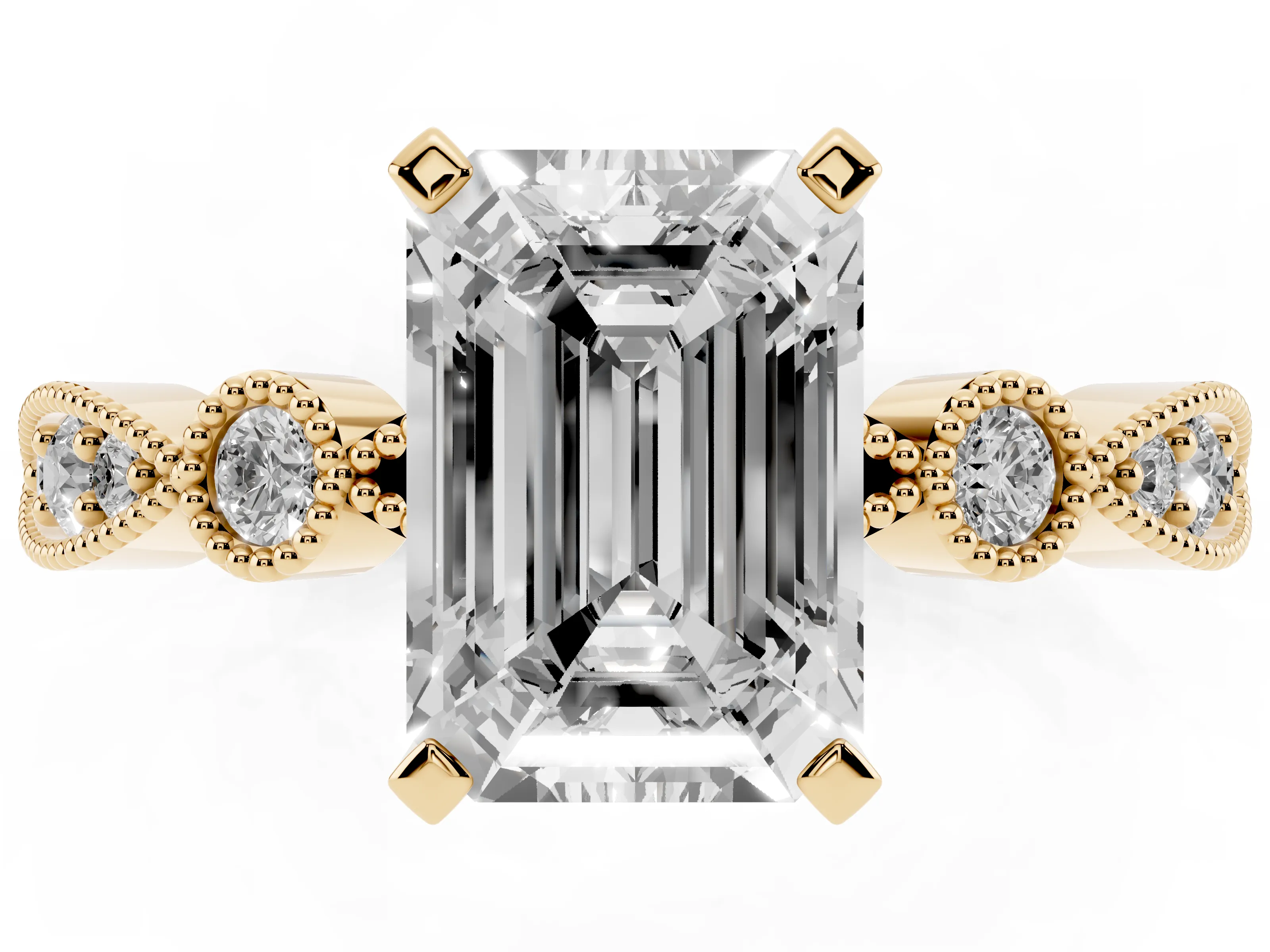 Emerald Cut Diamond Solitaire Engagement Ring Set in Yellow gold with Milgrain Bezel Accent Band