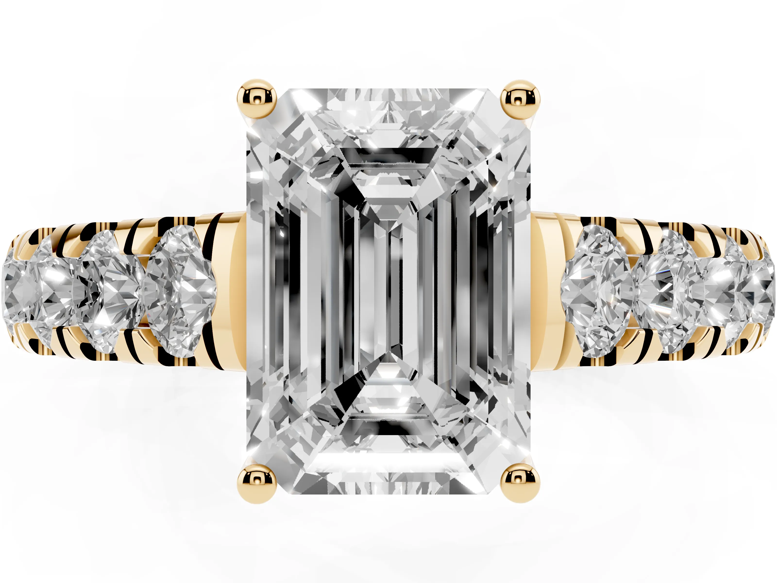 Emerald Cut Diamond Solitaire Ring Set in Yellow gold with Cut-Down Micro Pavé Band and Prong Setting
