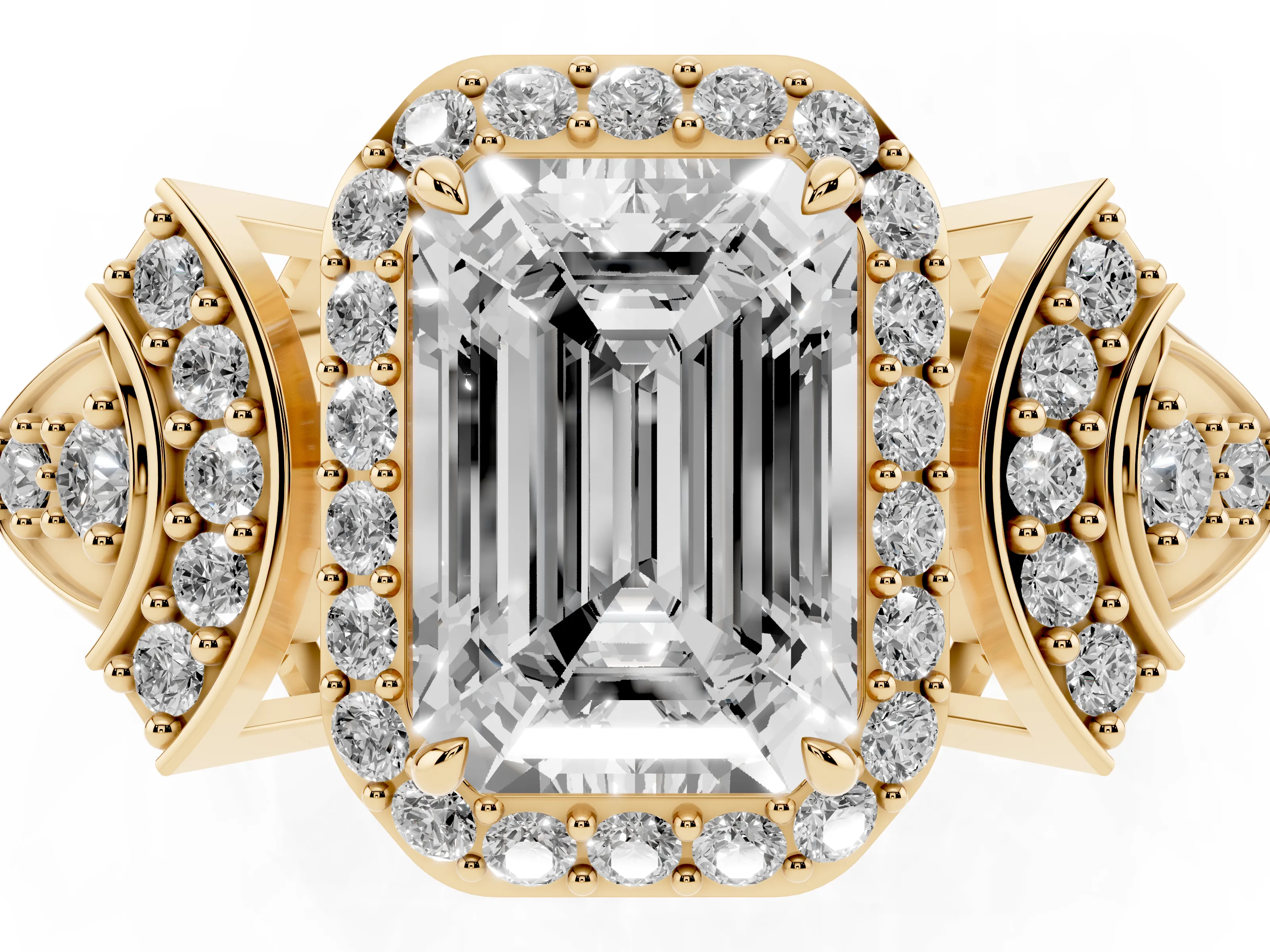 Emerald Cut Diamond Halo Engagement Ring Set in Yellow gold with Accent Stone Split Shank