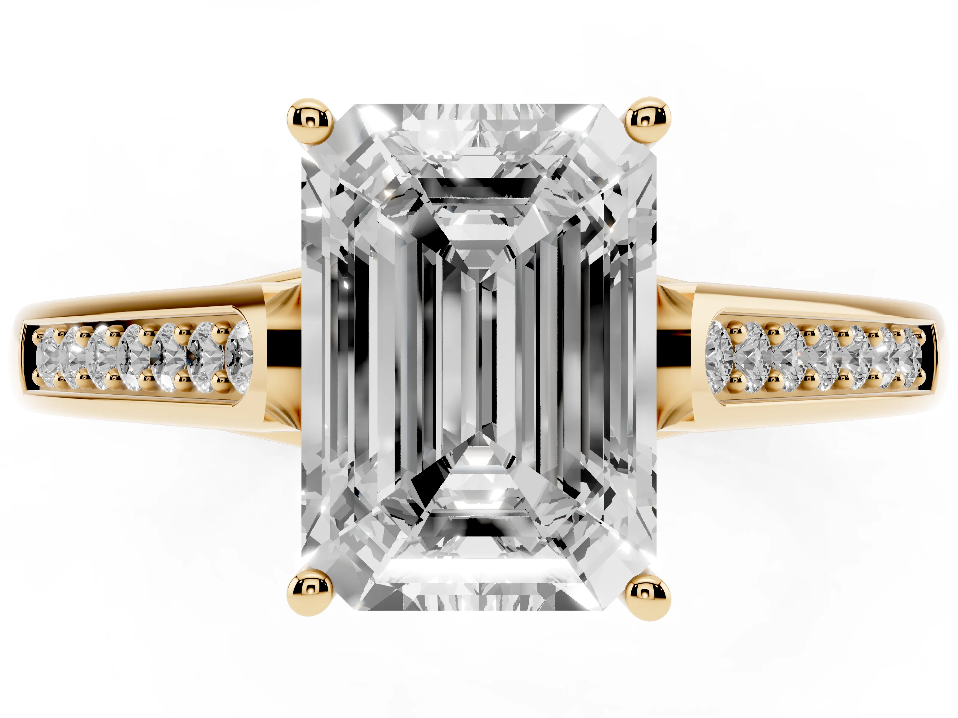 Emerald Cut Diamond Solitaire Cathedral Engagement Ring Set in Yellow gold with Channel-Set Band and Prong Setting