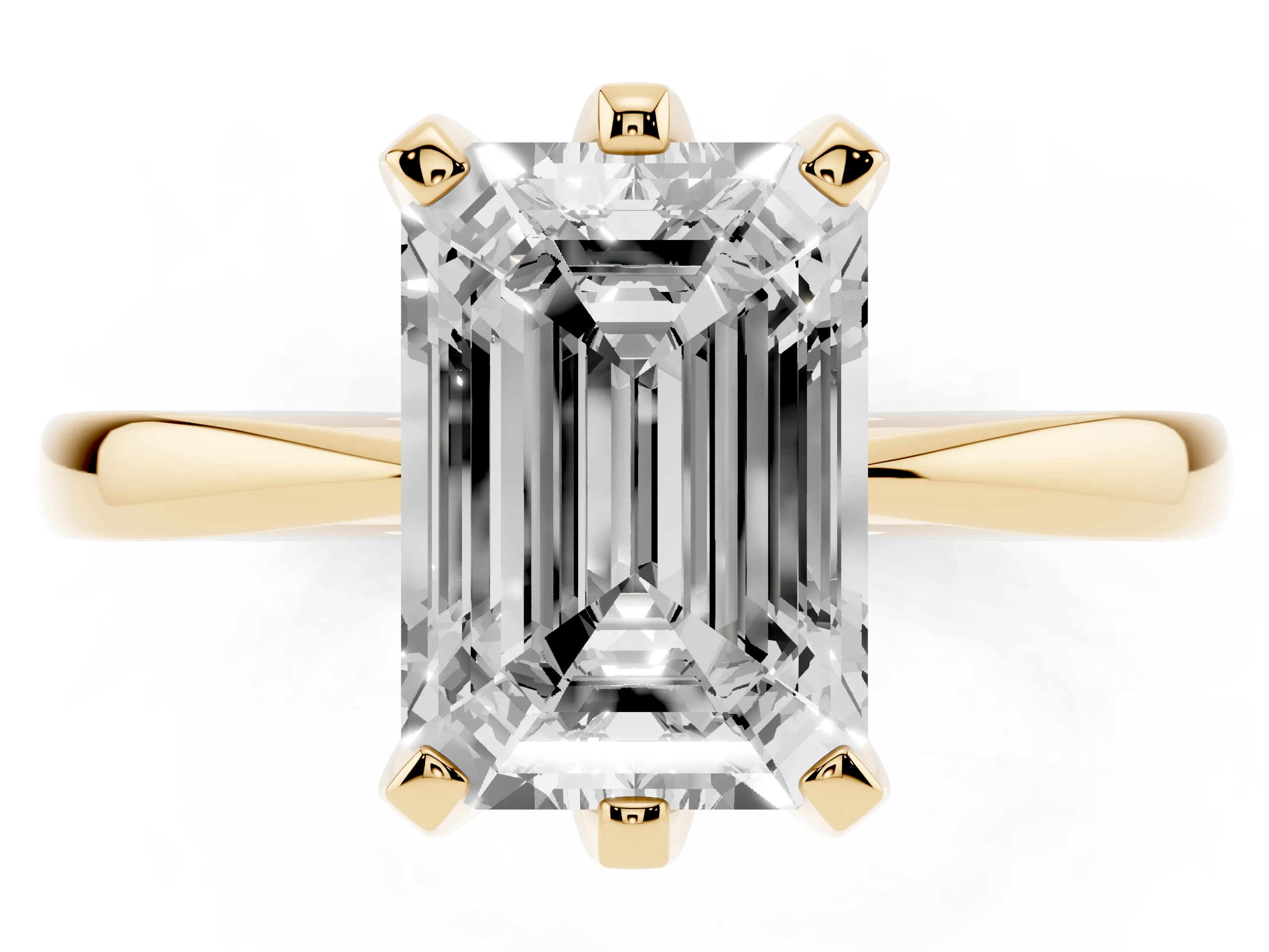 Emerald Cut Diamond Solitaire Engagement Ring Set in Yellow gold with Slim Tapered Solitaire Band