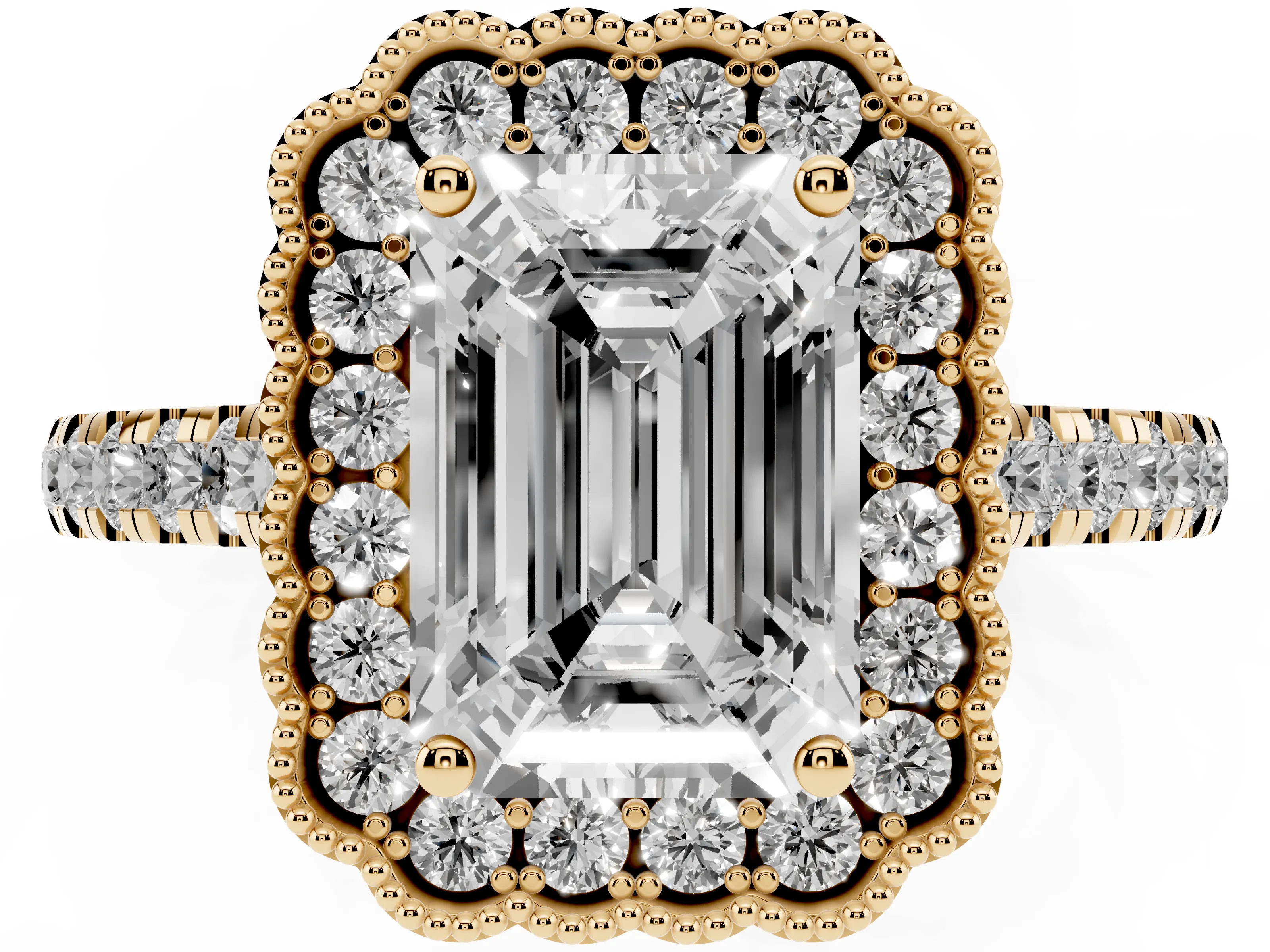 Emerald Cut Diamond Milgrain Floral Halo Engagement Ring Set in Yellow gold with Pavé Band