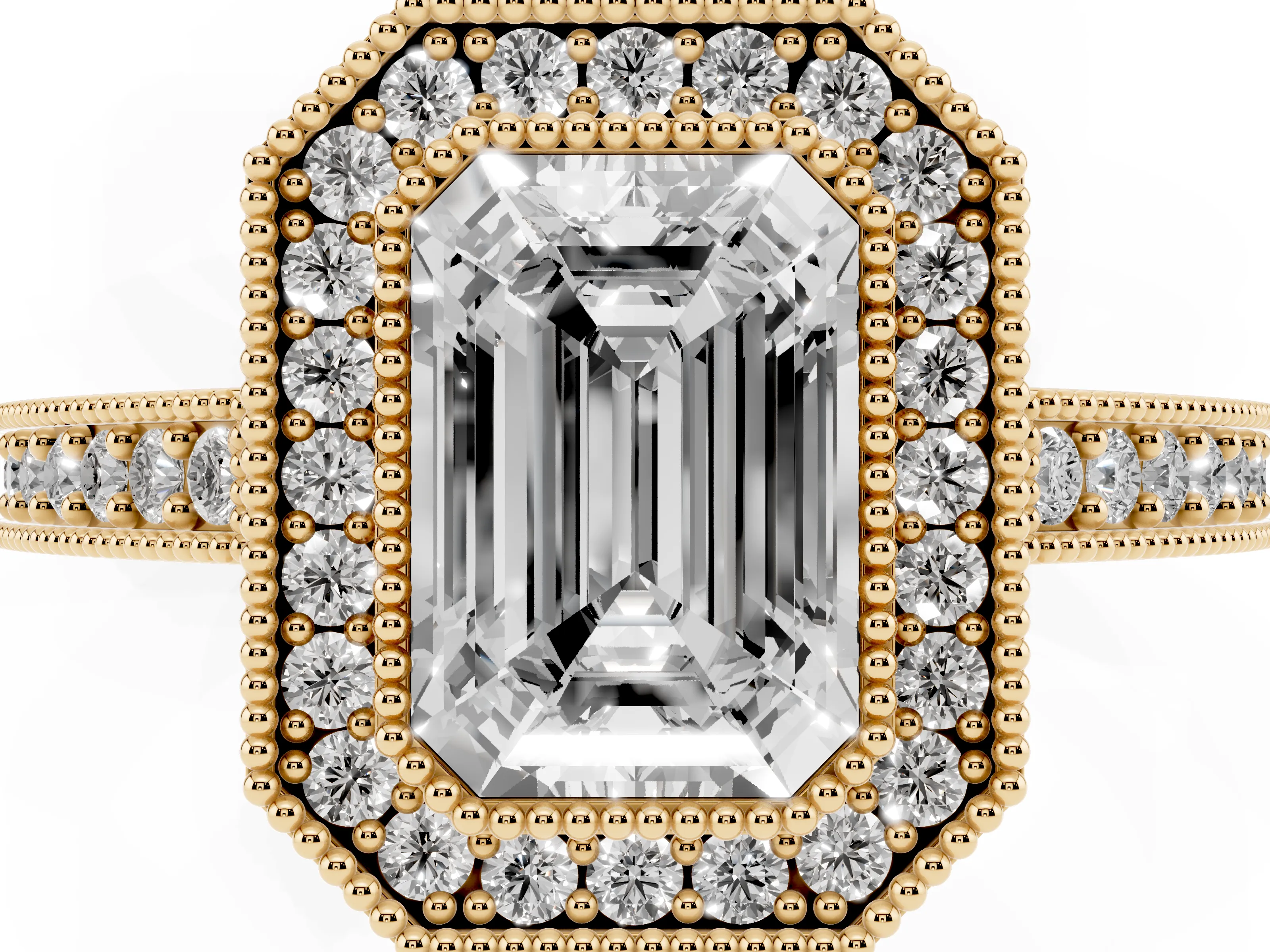 Emerald Cut Diamond Halo Engagement Ring Set in Yellow gold with Pavé Band and Round Halo Stones