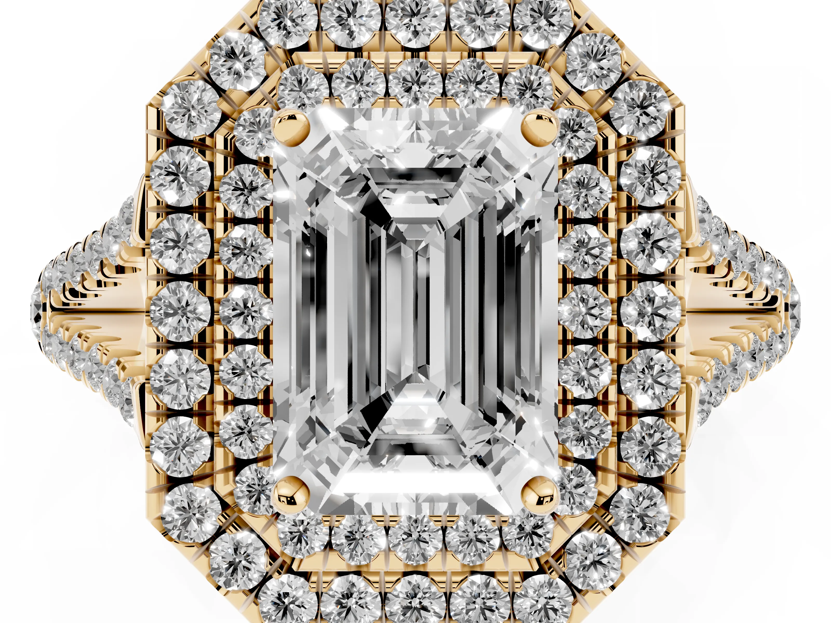 Emerald Cut Diamond Double Halo Ring Set in Yellow gold with Pavé Band