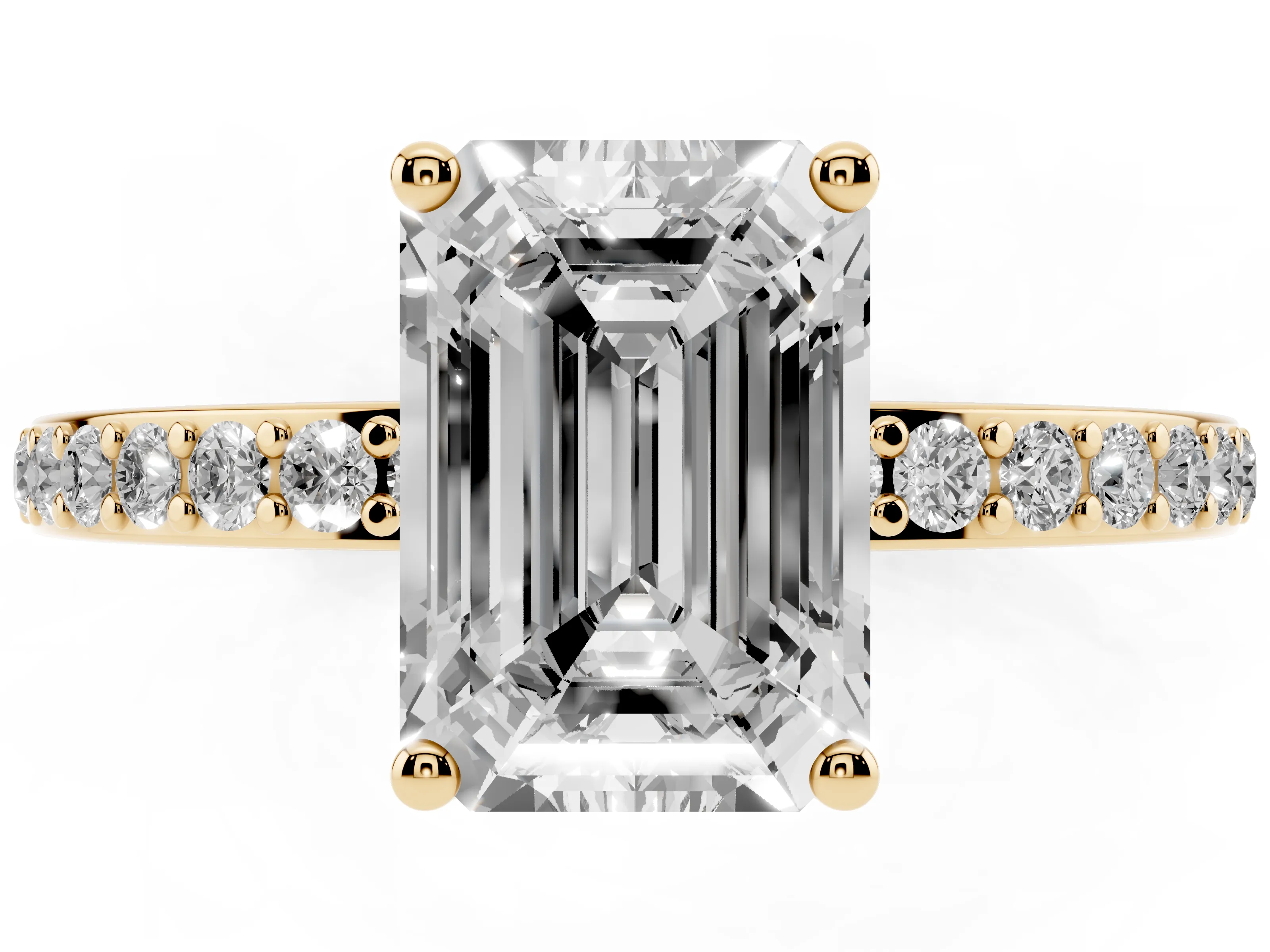 Emerald Cut Diamond Pavé Band Ring Set in Yellow gold with Prong-Set Center Stone