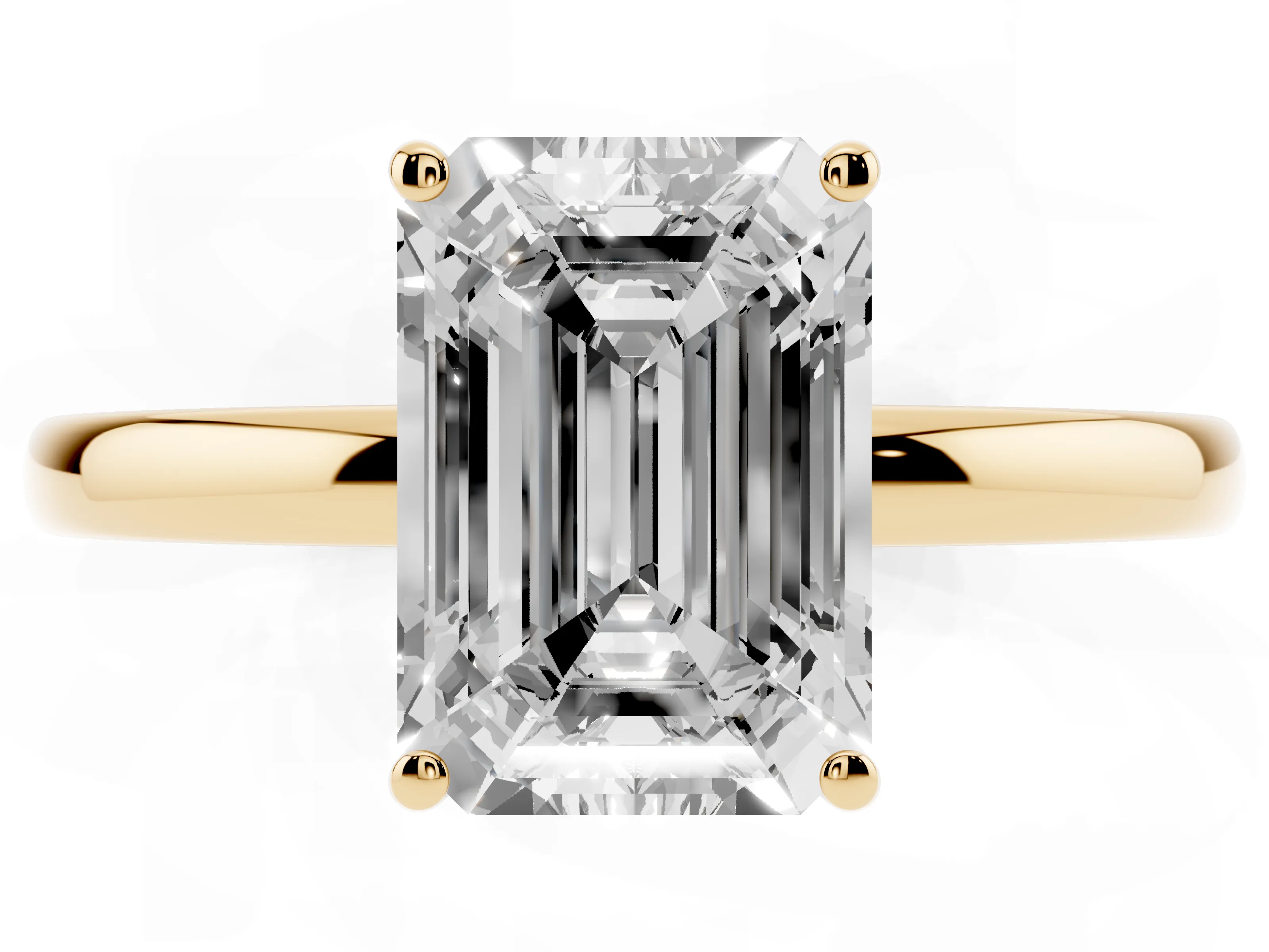 Emerald Cut Diamond Solitaire Ring Set in Yellow gold with Plain Band and Prong Setting
