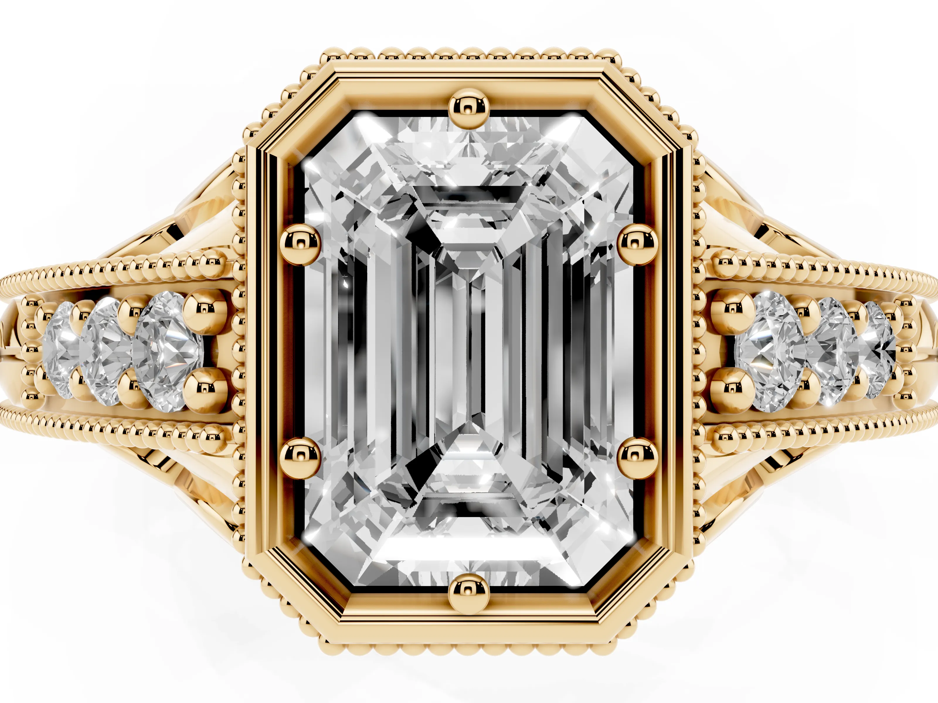 Bezel Set Emerald Cut Diamond Milgrain Pavé Engagement Ring Set in Yellow gold