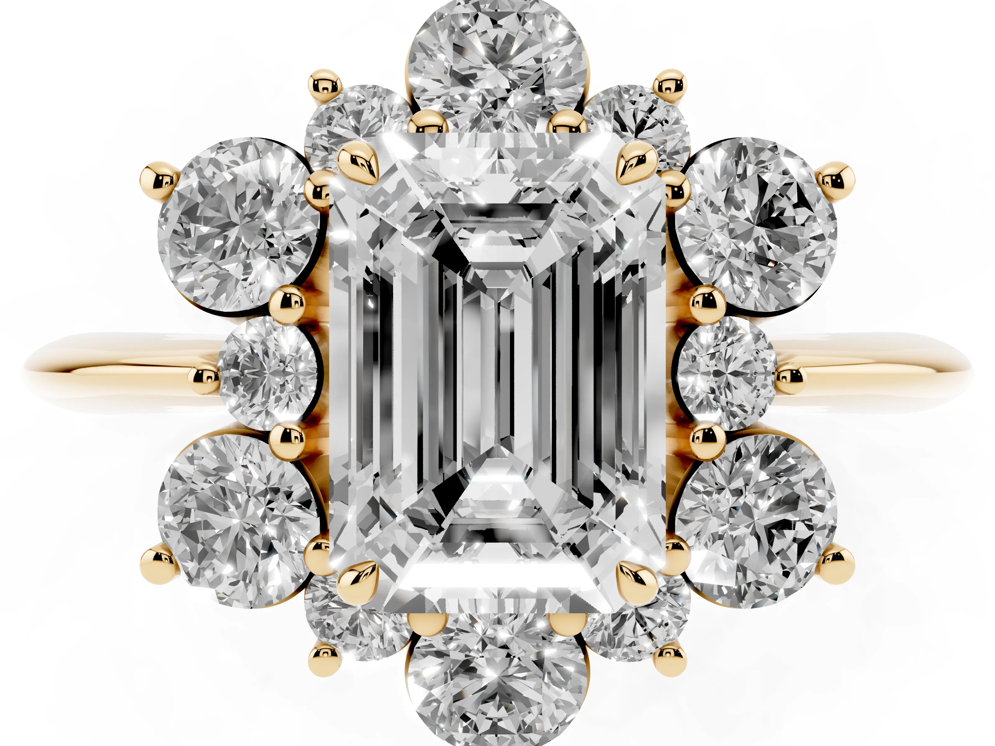 Emerald Cut Diamond Cluster Halo Ring Set in Yellow gold with Solitaire Band and Prong Setting