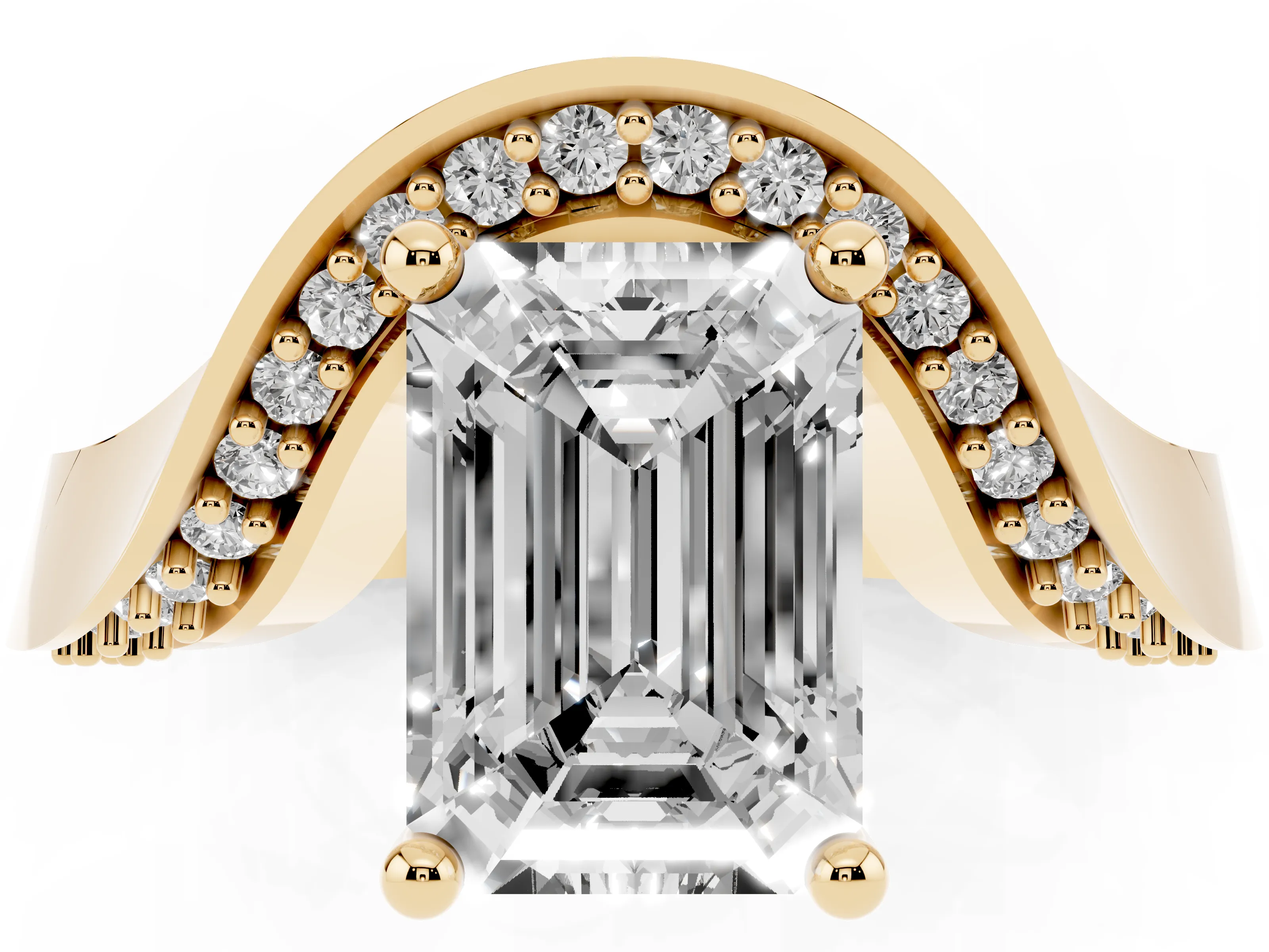 Emerald Cut Diamond Solitaire Engagement Ring Set in Yellow gold with Pavé Shoulders
