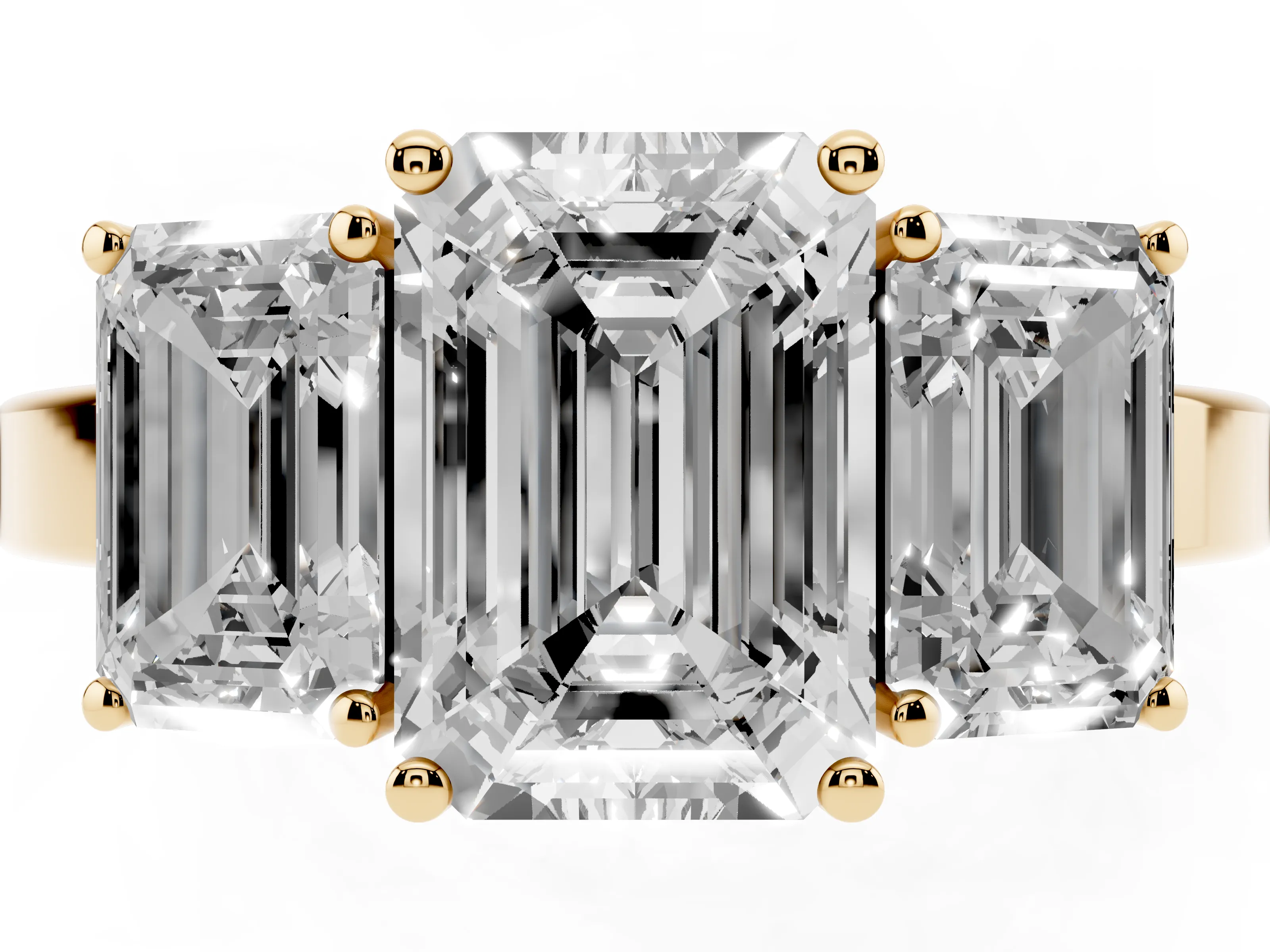 Emerald Cut Diamond Three-Stone Engagement Ring Set in Yellow gold with Flat Band
