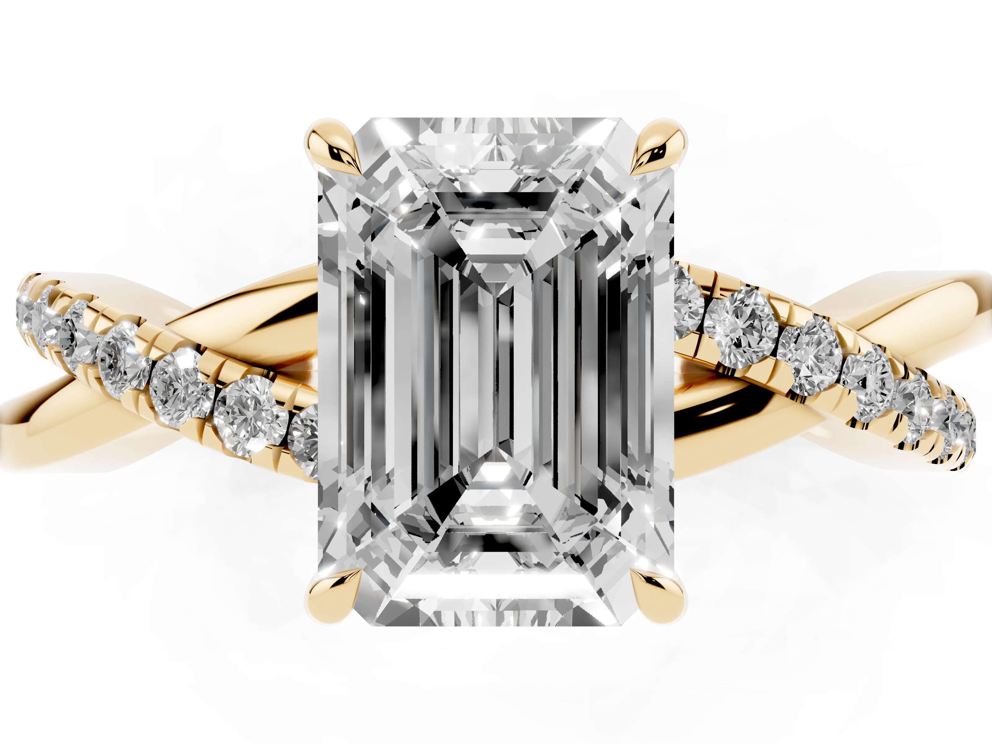 Emerald Cut Diamond Twisted Pavé Band Ring Set in Yellow gold with Prong Setting