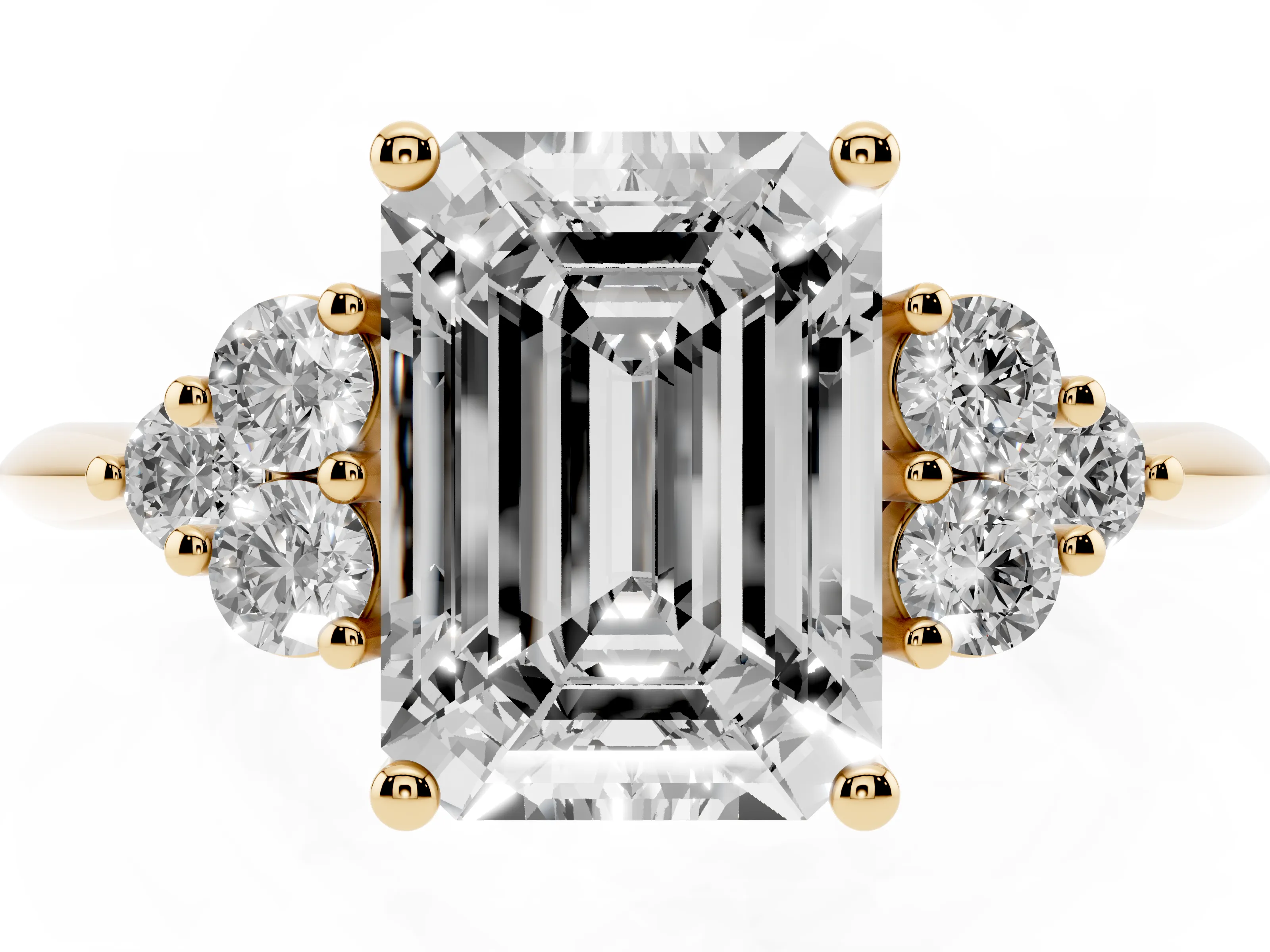 Emerald Cut Diamond Cluster Ring Set in Yellow gold with Plain Band and Prong Setting