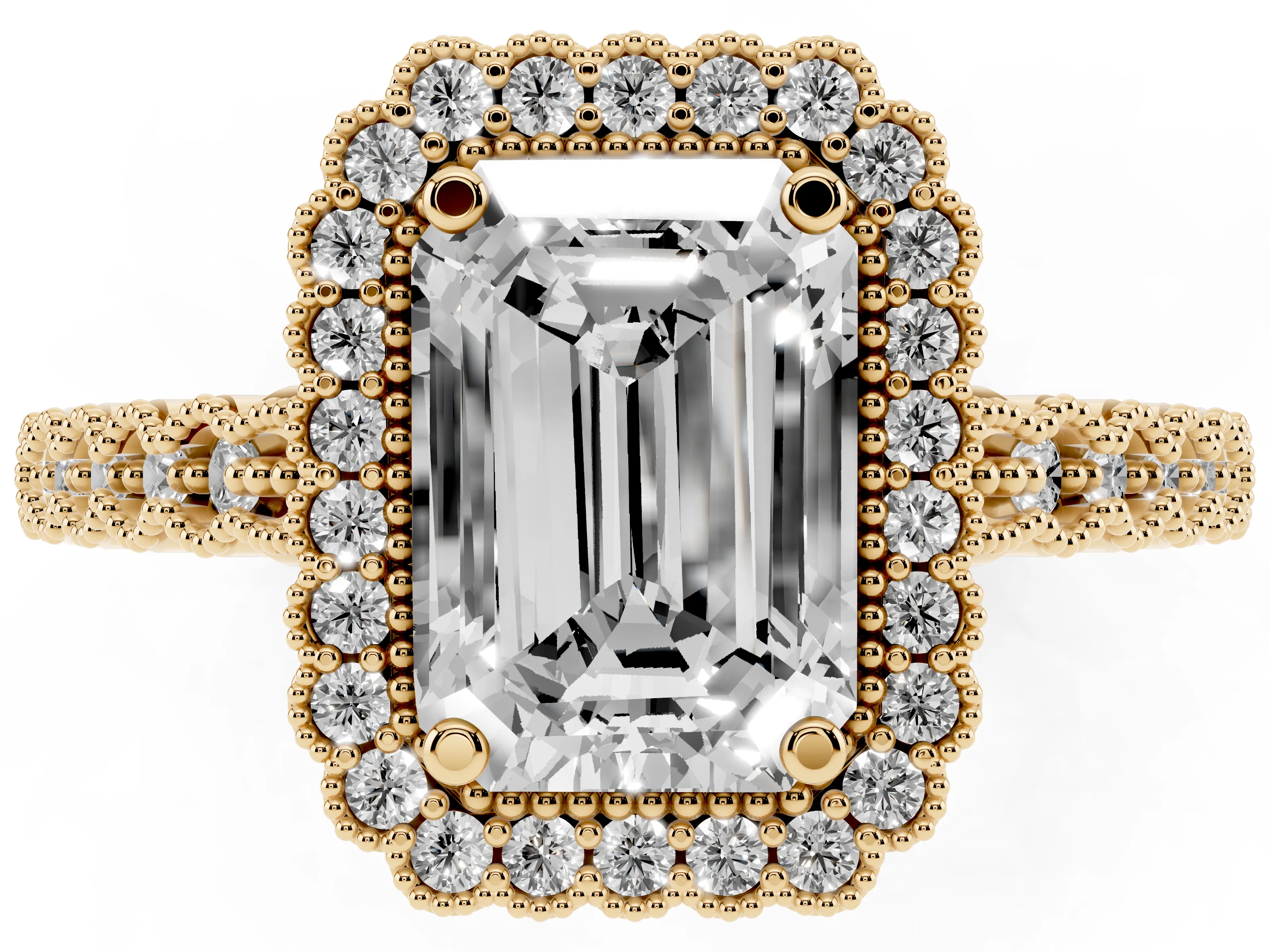 Emerald Cut Diamond Halo Ring Set in Yellow gold with Pavé Milgrain Band