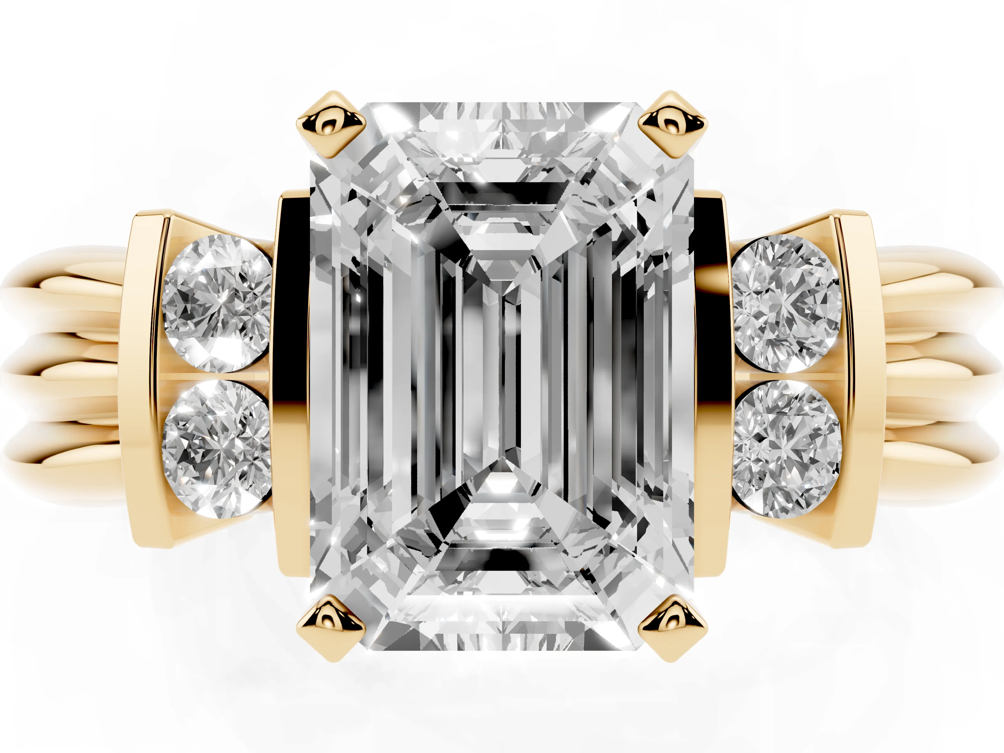 Three-Stone Emerald Cut Diamond Channel Set Ring Set in Yellow gold with Bar Prongs