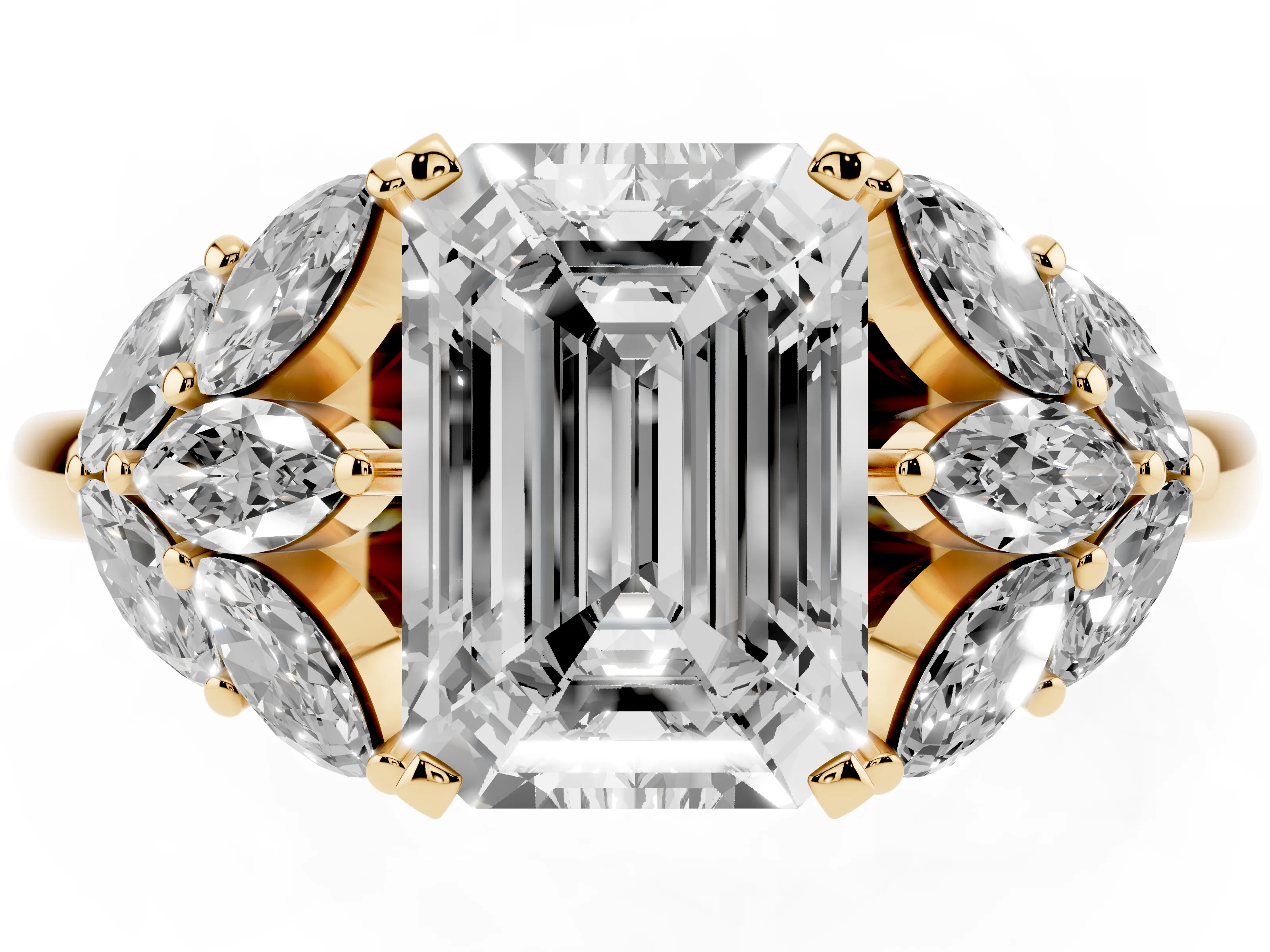 Emerald Cut Diamond Cluster Leaf Design Ring Set in Yellow gold with Prong Setting