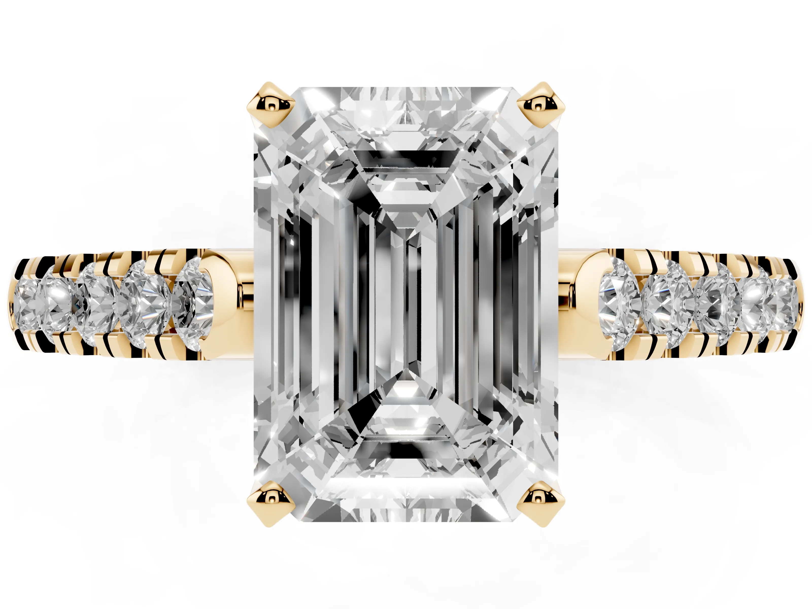 Emerald Cut Diamond Pavé Band Solitaire Ring Set in Yellow gold with Partway Accent Stones and Prong Setting