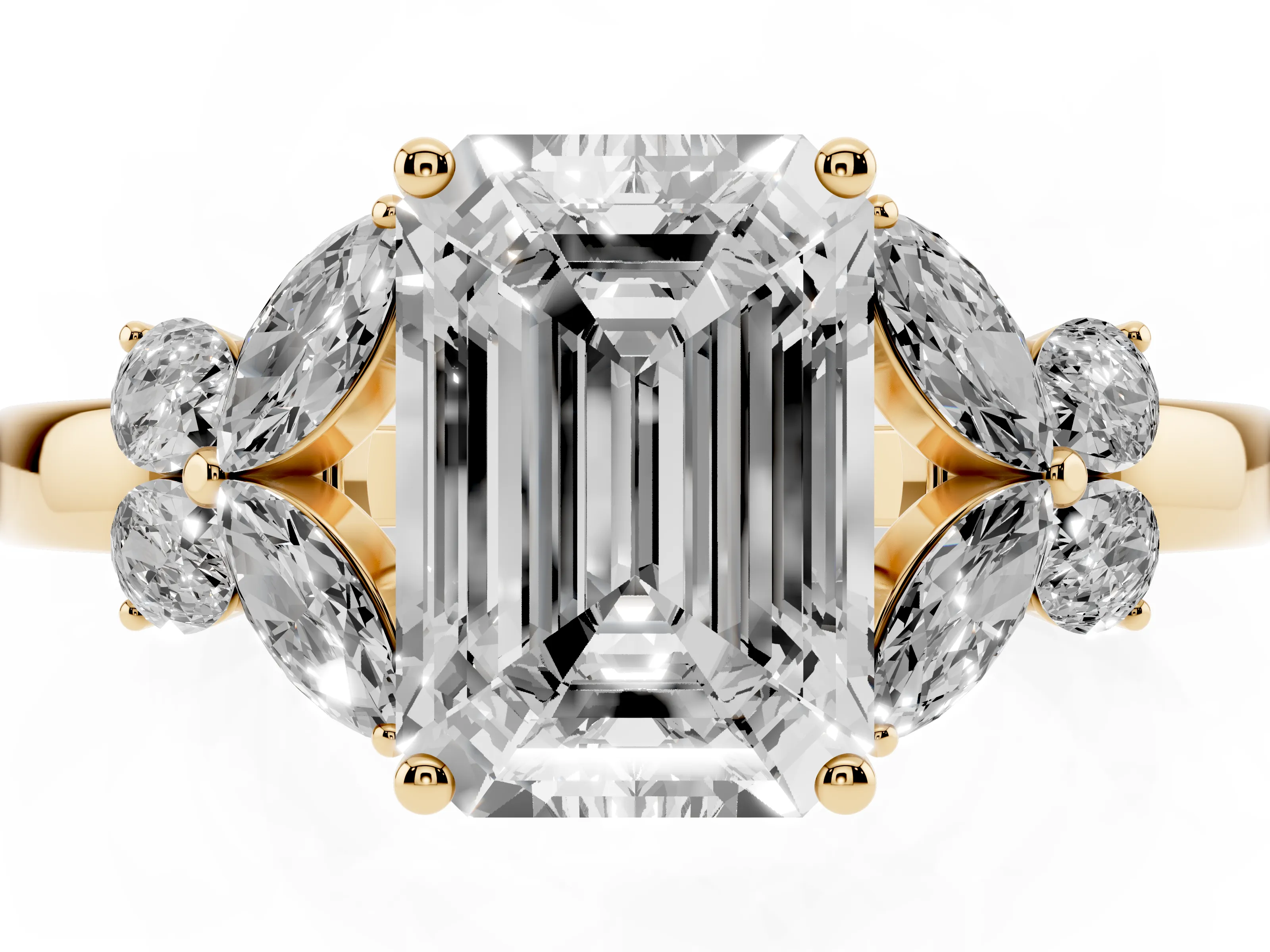 Emerald Cut Diamond Solitaire Floral Ring Set in Yellow gold with Marquise Petals and Prong Setting