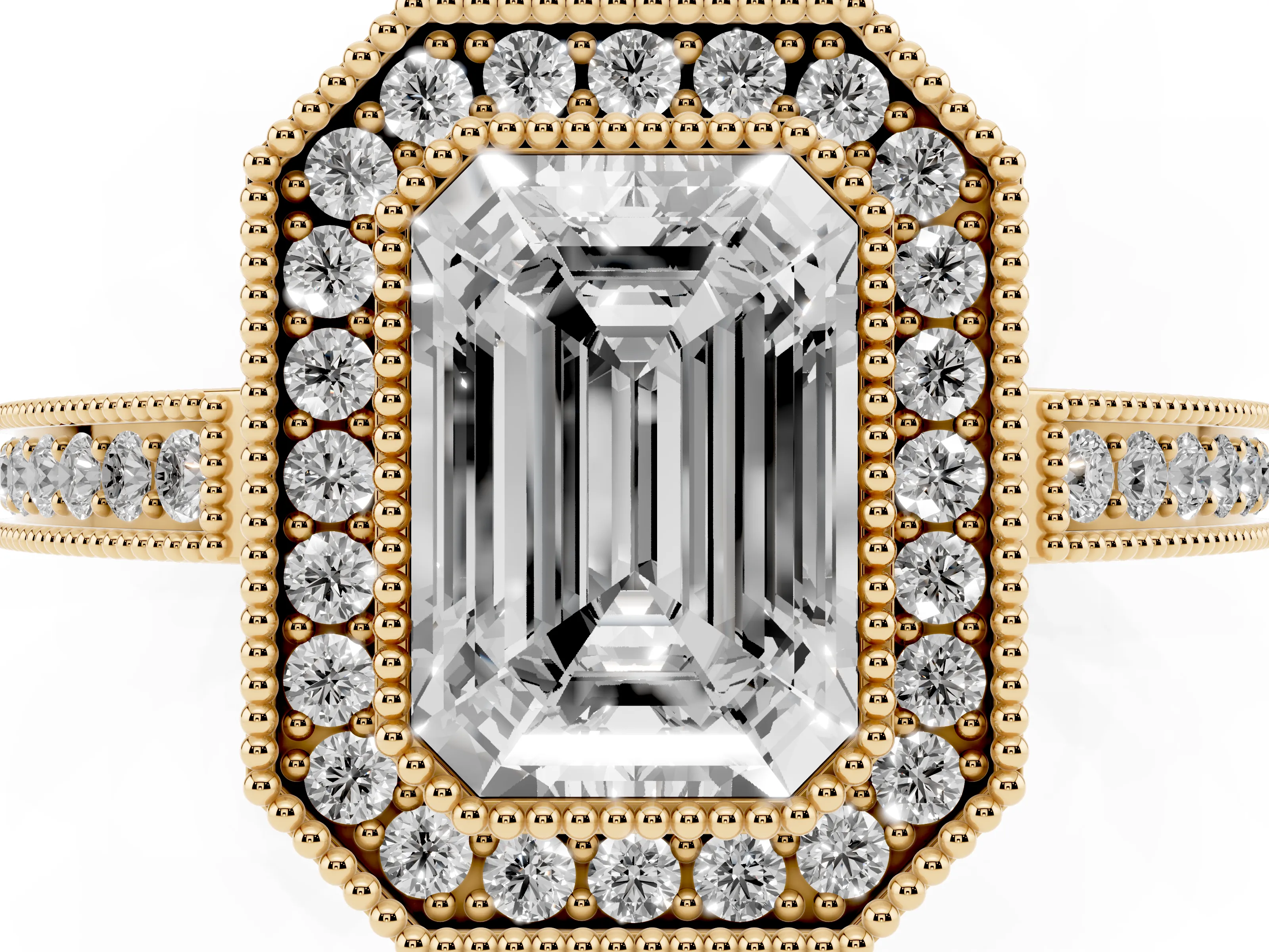 Emerald Cut Diamond Halo Ring Set in Yellow gold with Pavé Band and Milgrain-Edged Prongs