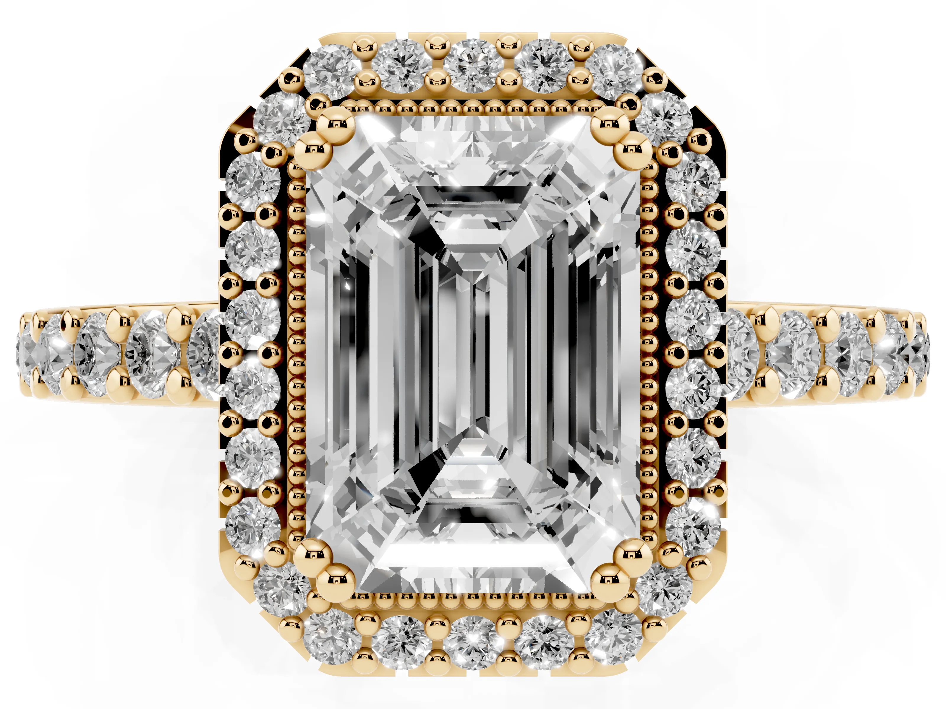 Emerald Cut Diamond Halo Engagement Ring Set in Yellow gold with Milgrain Detail and Pavé Band