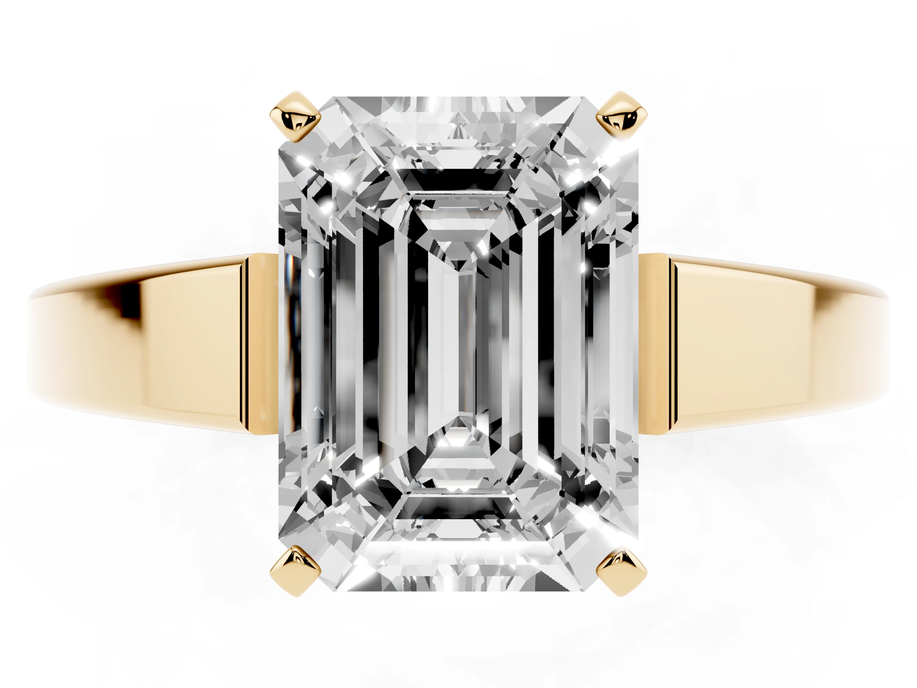 Emerald Cut Diamond Solitaire Engagement Ring Set in Yellow gold with Prong Setting and Tapered Band