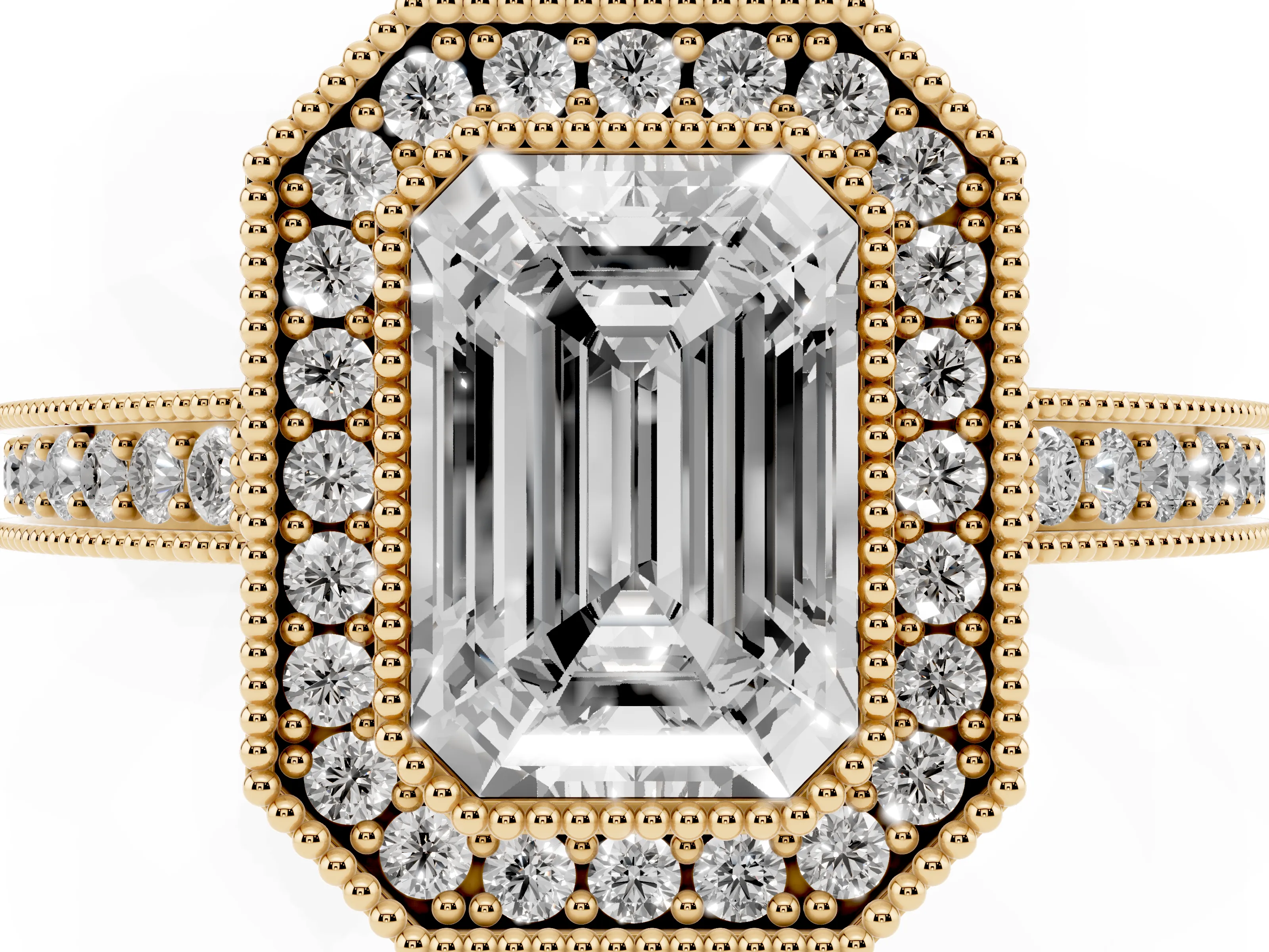 Emerald Cut Diamond Round Halo Ring Set in Yellow gold with Pavé Band