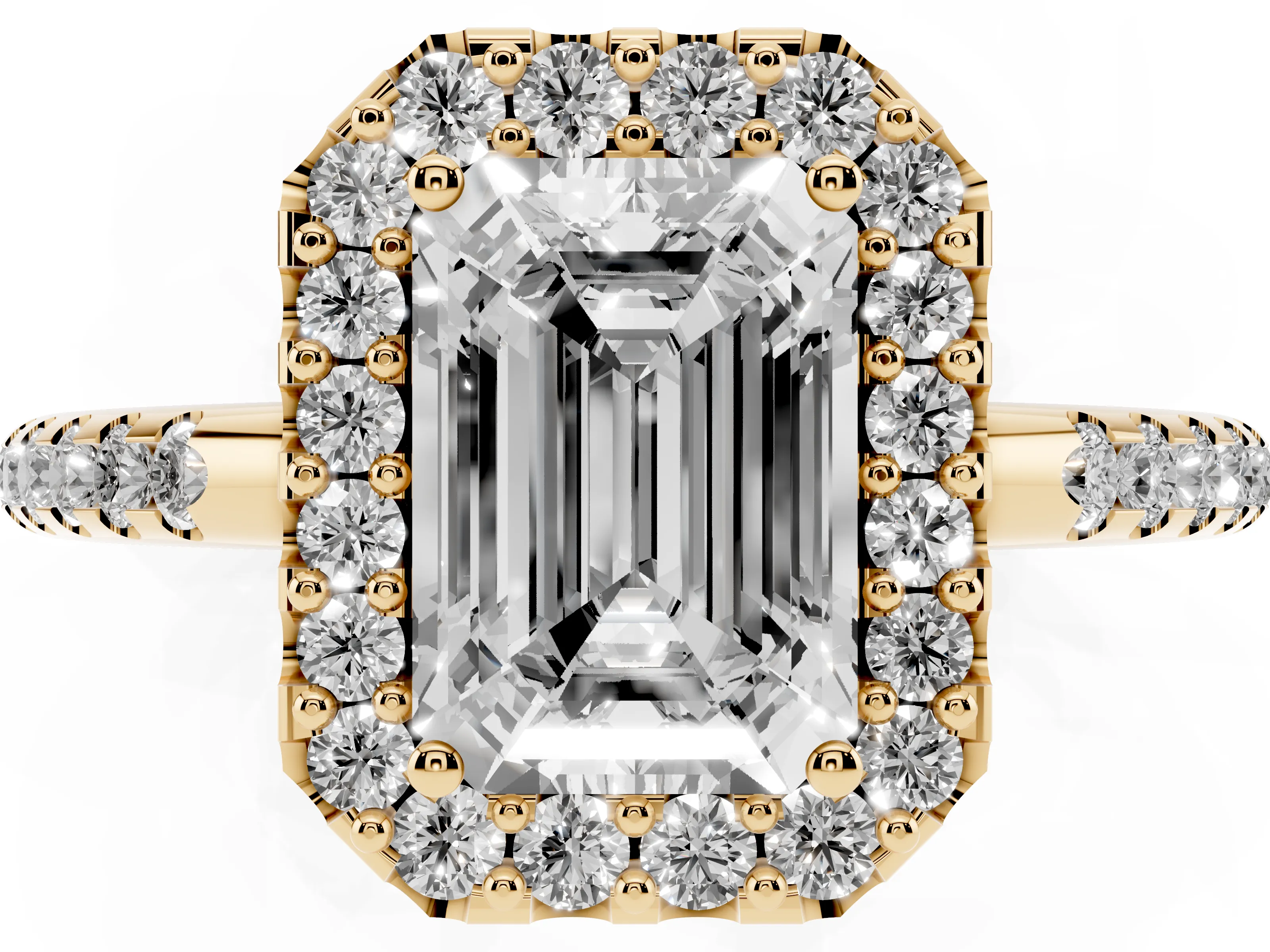 Emerald Cut Diamond Pavé Halo Ring Set in Yellow gold with Prong Setting