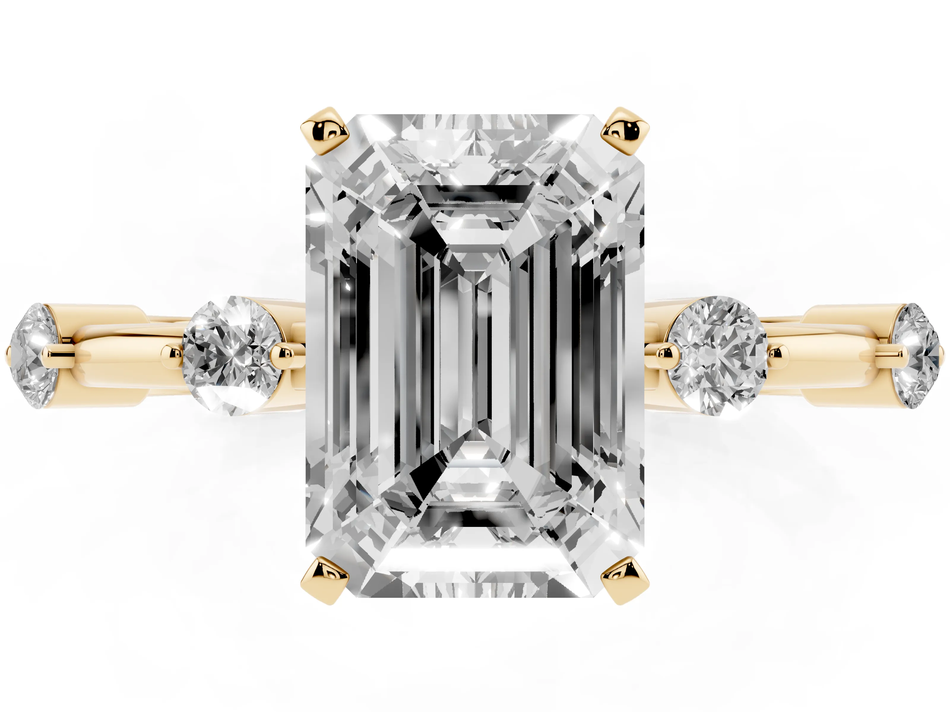 Emerald Cut Diamond Solitaire Ring Set in Yellow gold with Bezel Set Side Stones and Prong Setting