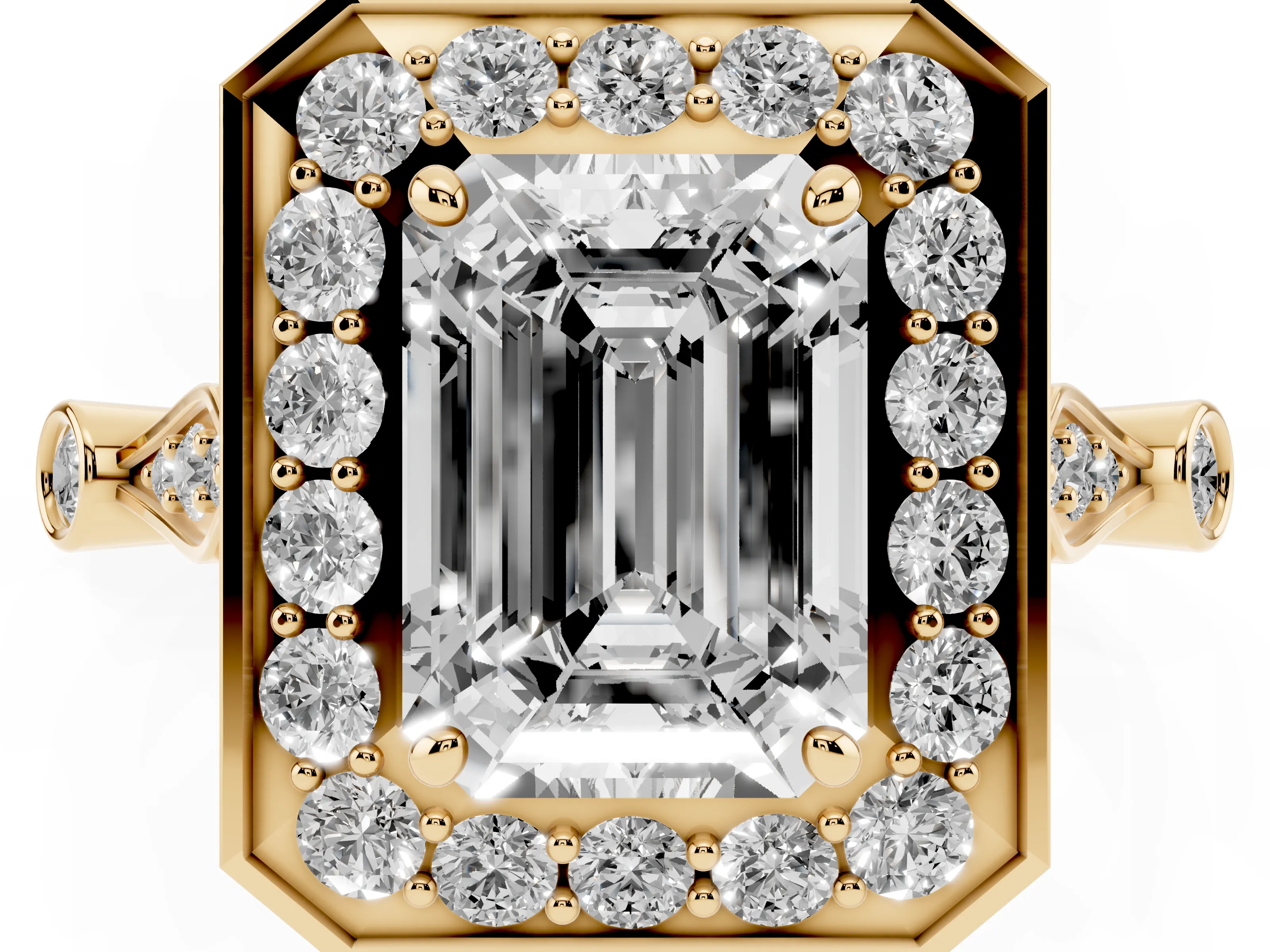 Emerald Cut Diamond Halo Engagement Ring Set in Yellow gold with Twisted Band and Prong Setting