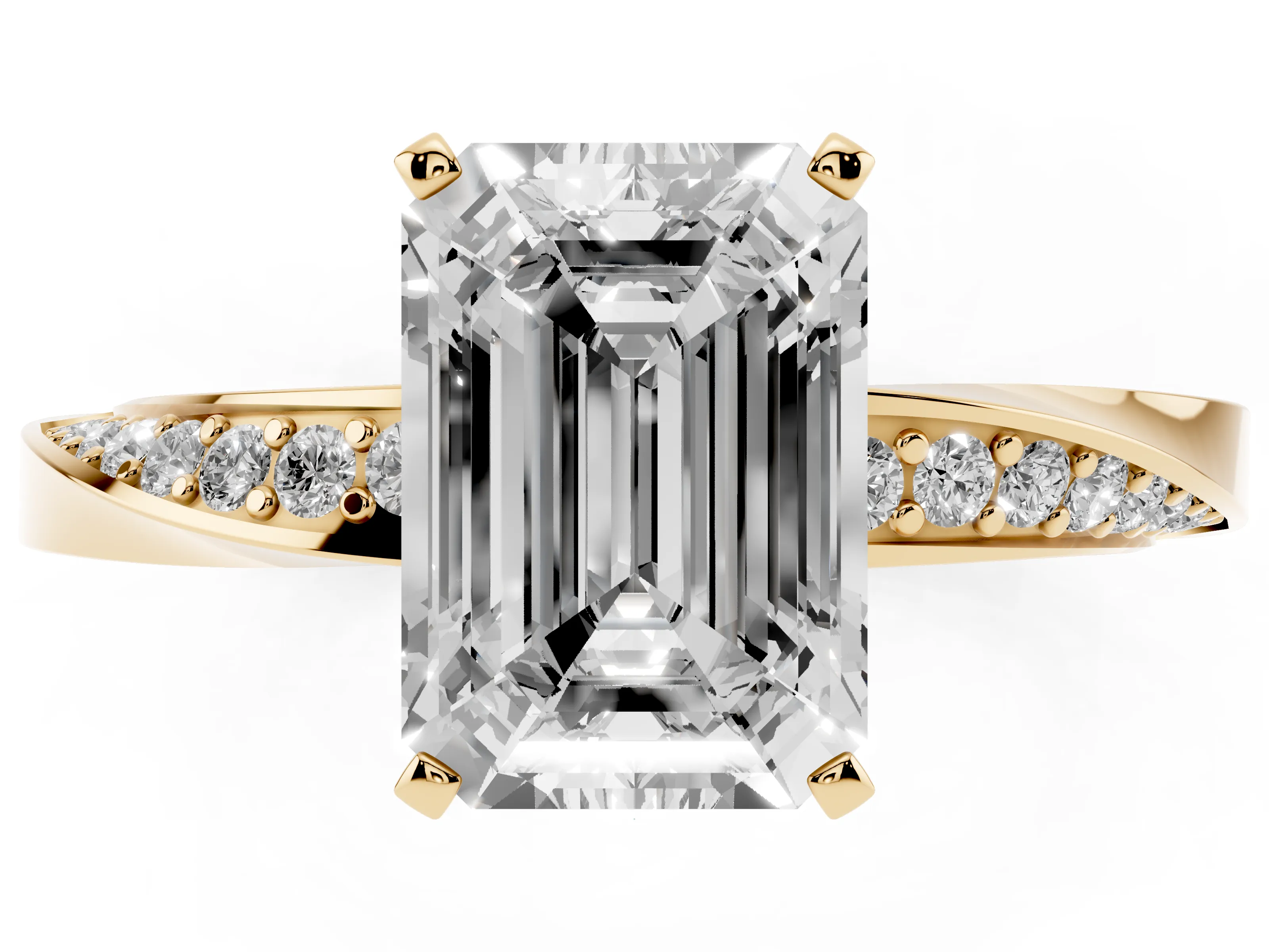 Emerald Cut Diamond Engagement Ring Set in Yellow gold with Side Stone Accents and Prong Setting