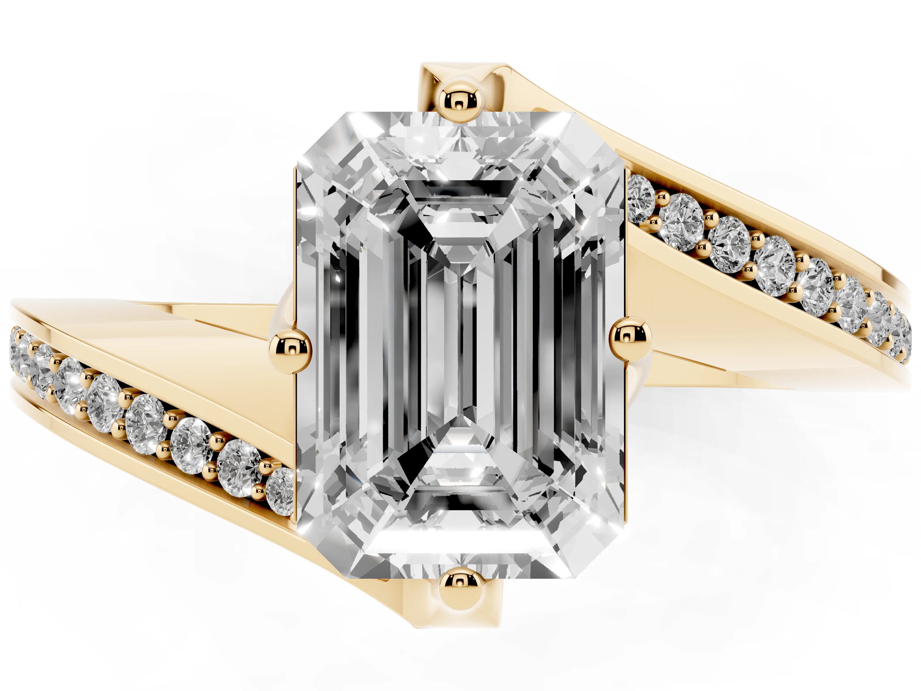 Emerald Cut Diamond Solitaire Ring Set in Yellow gold with Intertwined Pavé Twist Band