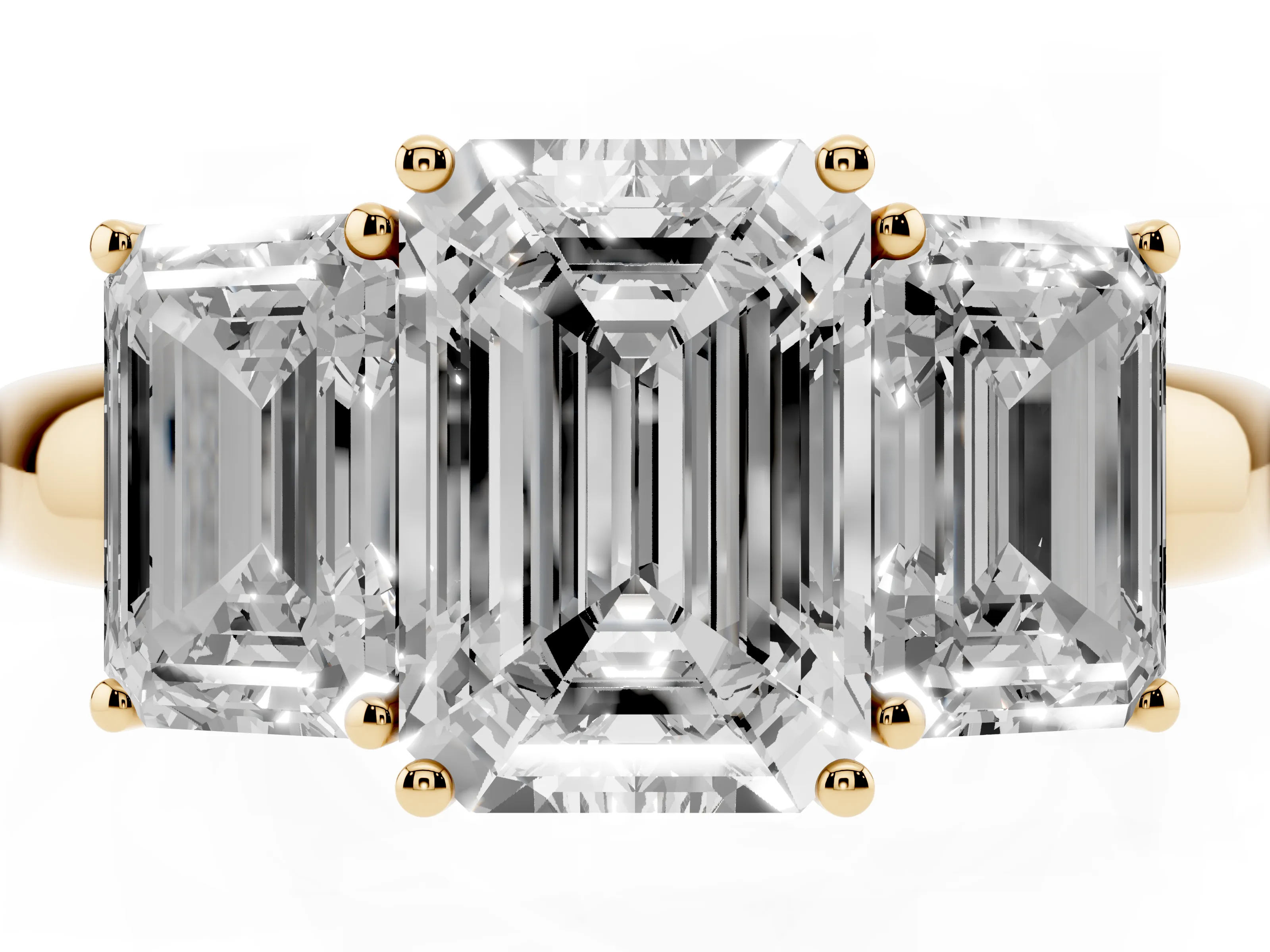 Emerald Cut Diamond Three-Stone Ring Set in Yellow gold with Bold Center and Classic Band