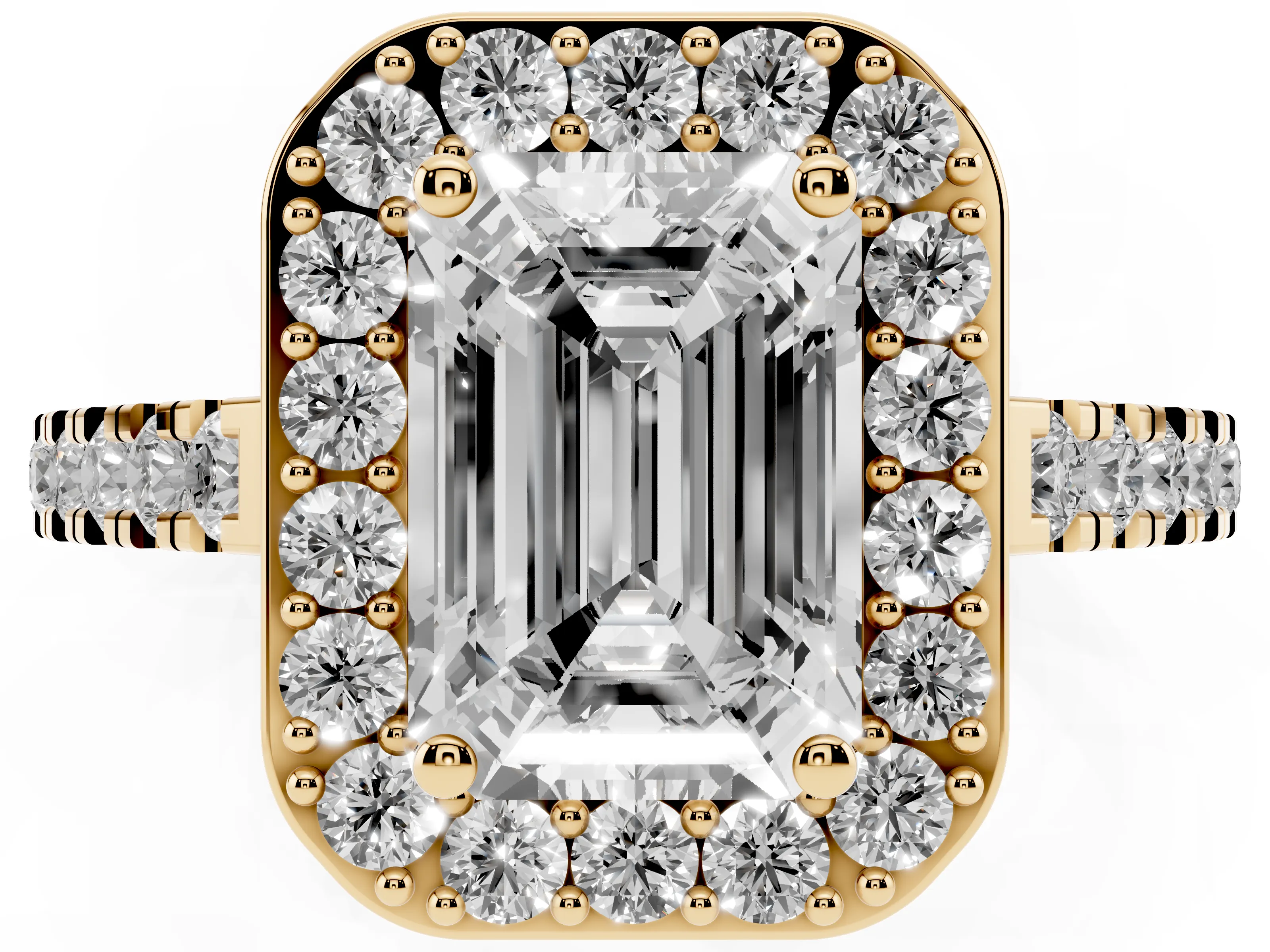 Emerald Cut Diamond Halo Ring Set in Yellow gold with Round Pavé Split Shank and Prong Setting
