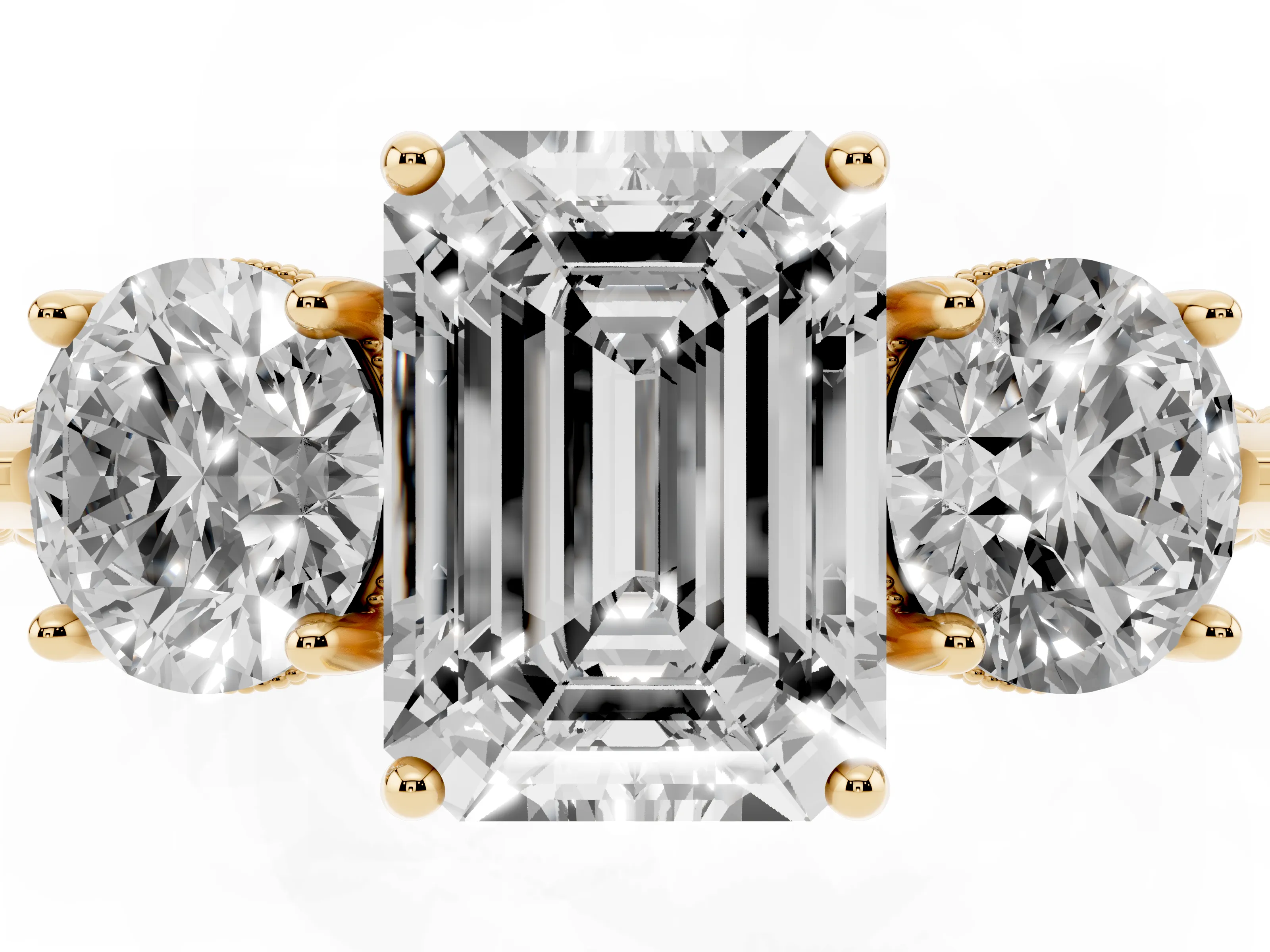 Emerald Cut Diamond Three-Stone Ring Set in Yellow gold with Milgrain Band