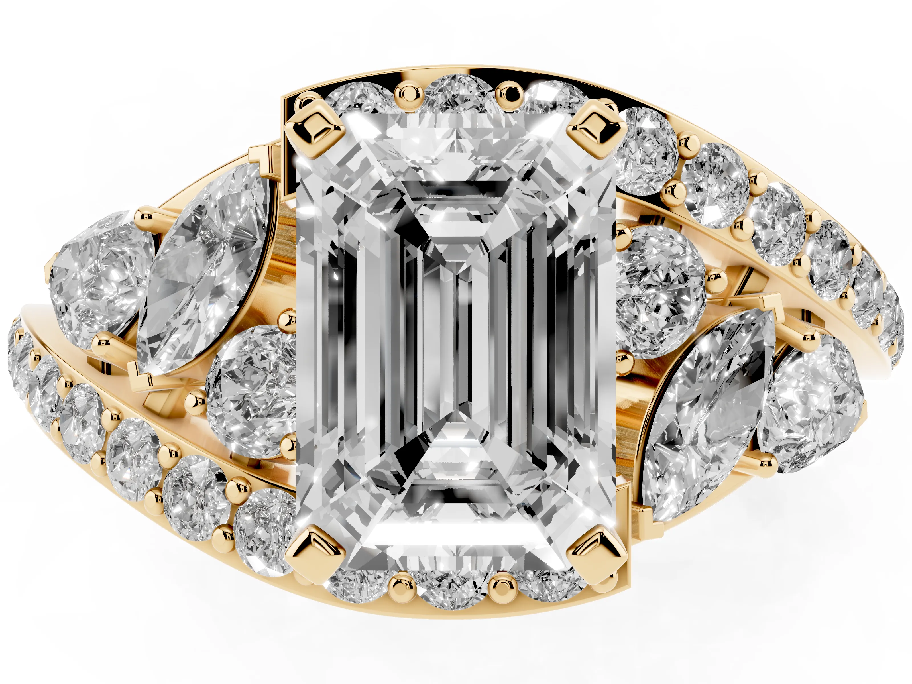 Emerald Cut Diamond Halo Ring Set in Yellow gold with Marquise and Pavé Band in Prong Setting