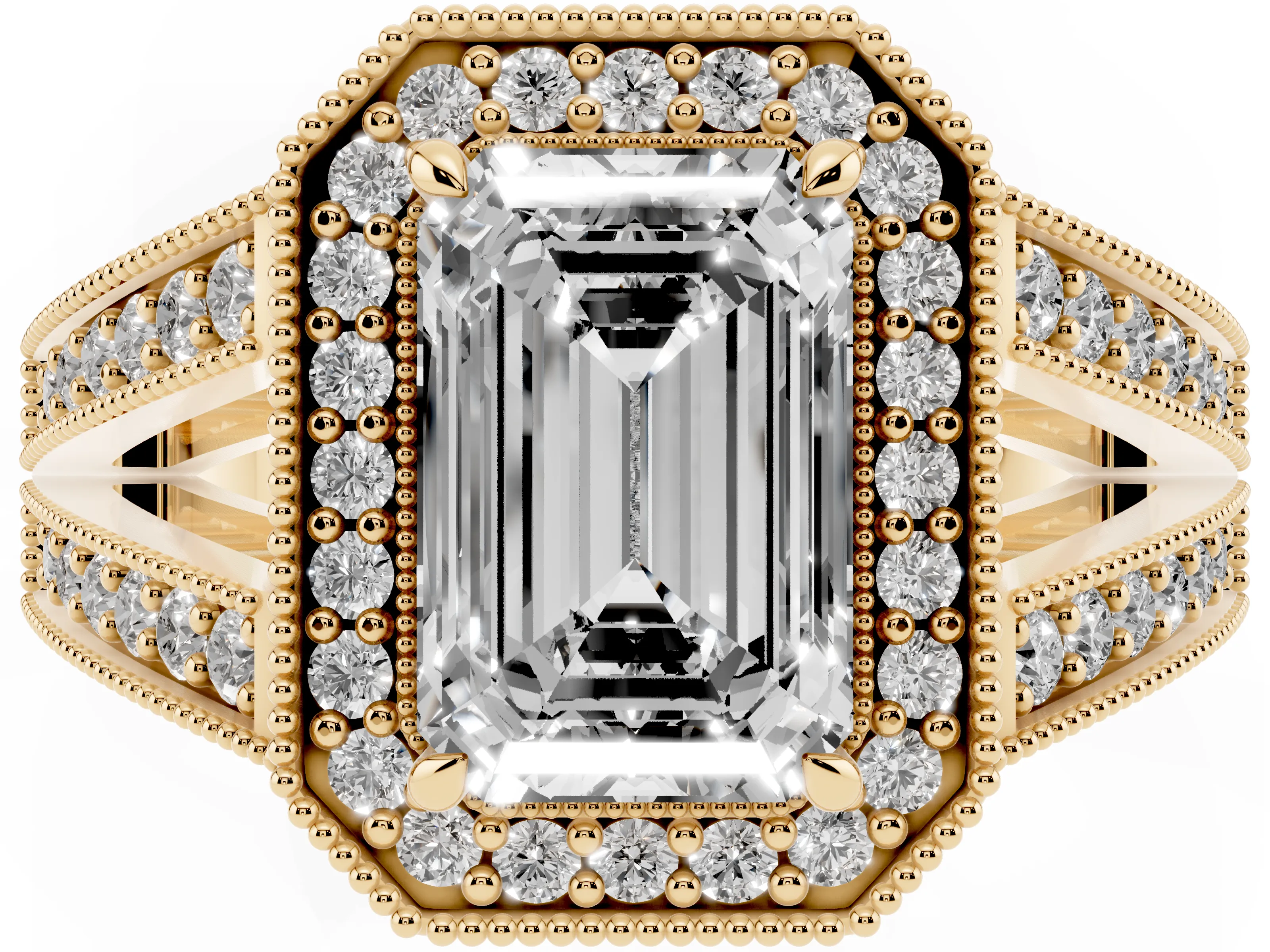 Emerald Cut Diamond Halo Ring Set in Yellow gold with Stone-Set Split Shank and Milgrain Edges