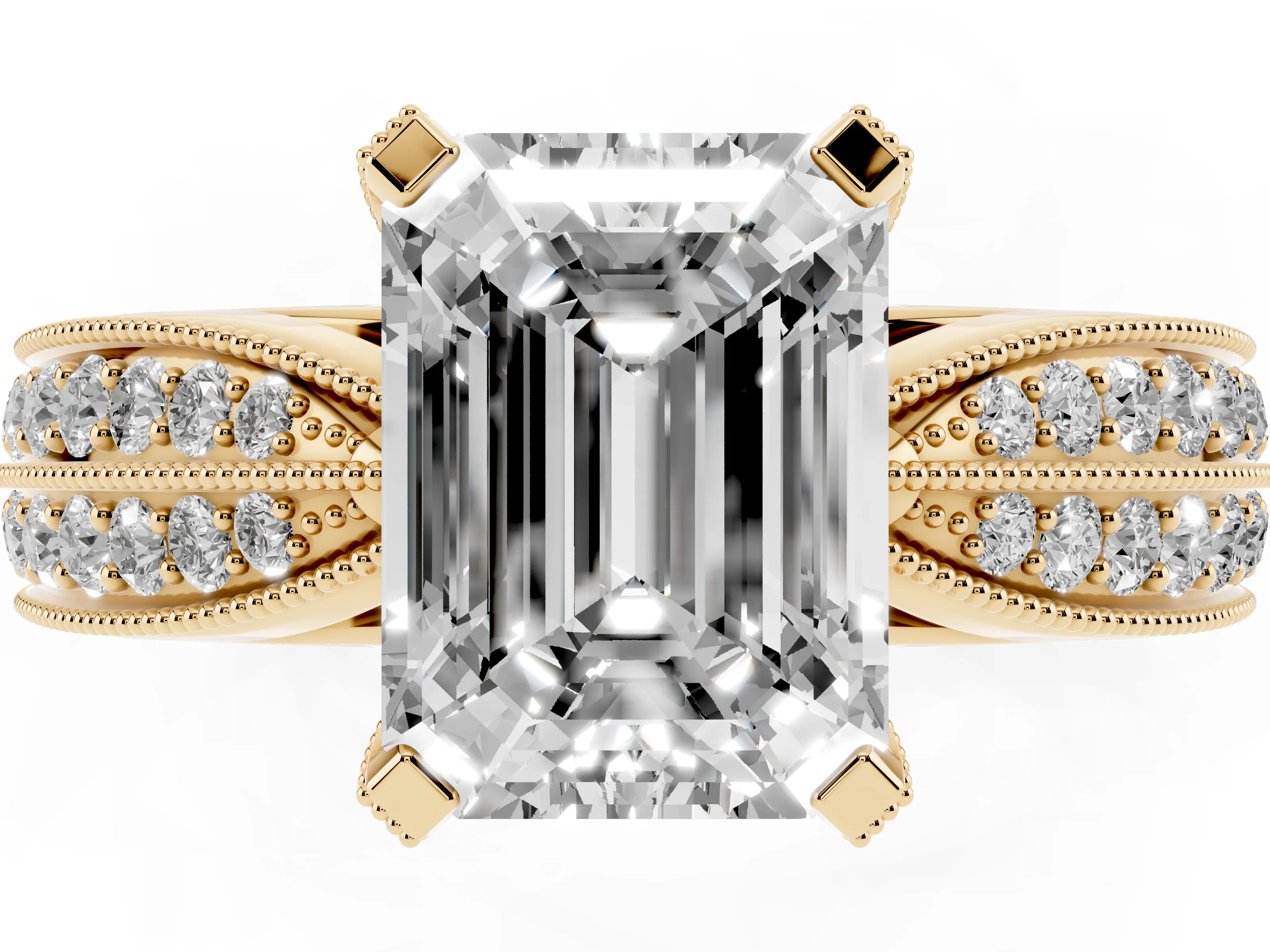 Emerald Cut Diamond Solitaire Ring Set in Yellow gold with Milgrain Double Row Round Pavé Band