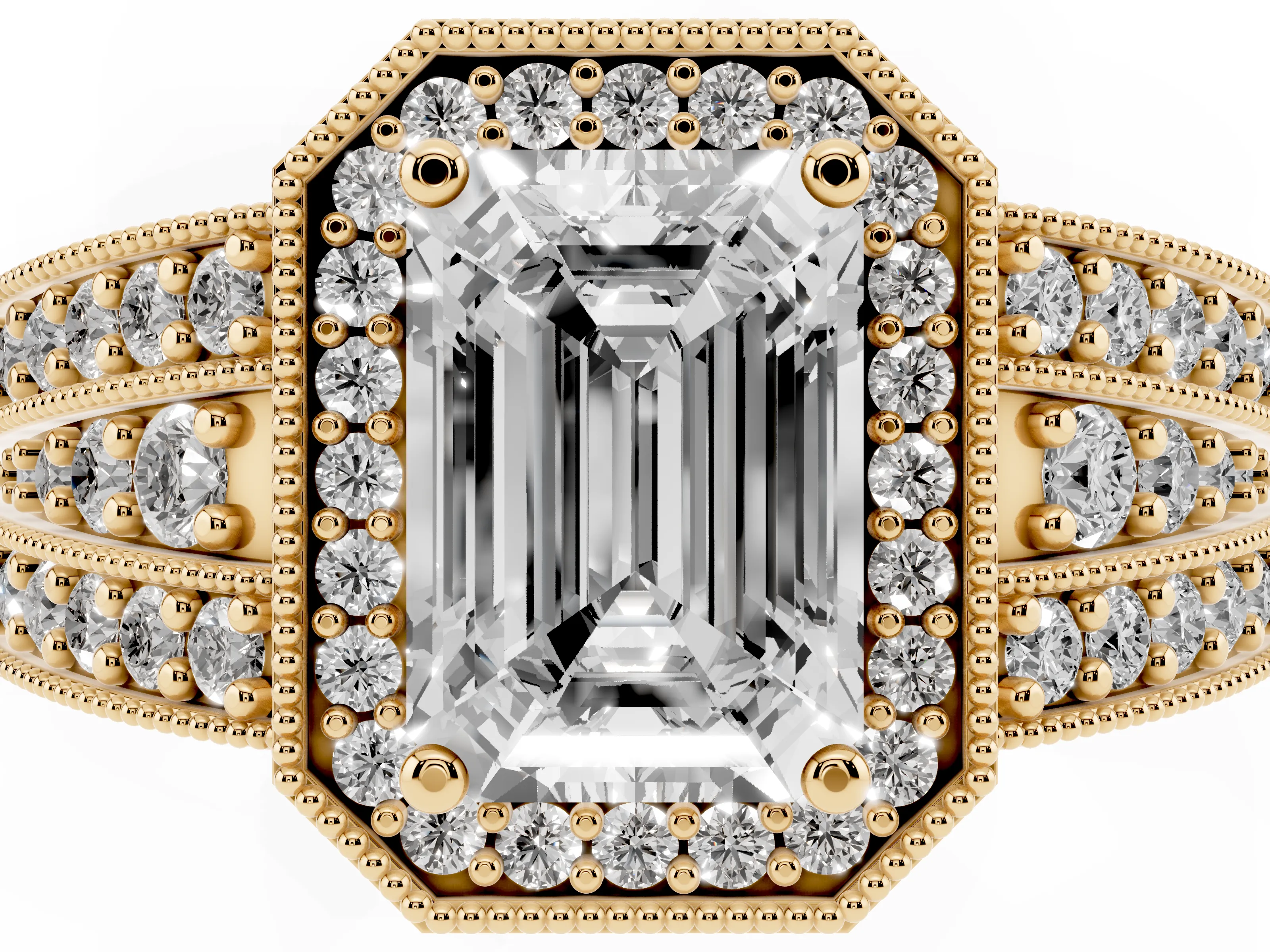 Emerald Cut Diamond Halo Ring Set in Yellow gold with Accent Split Shank and Prong Setting