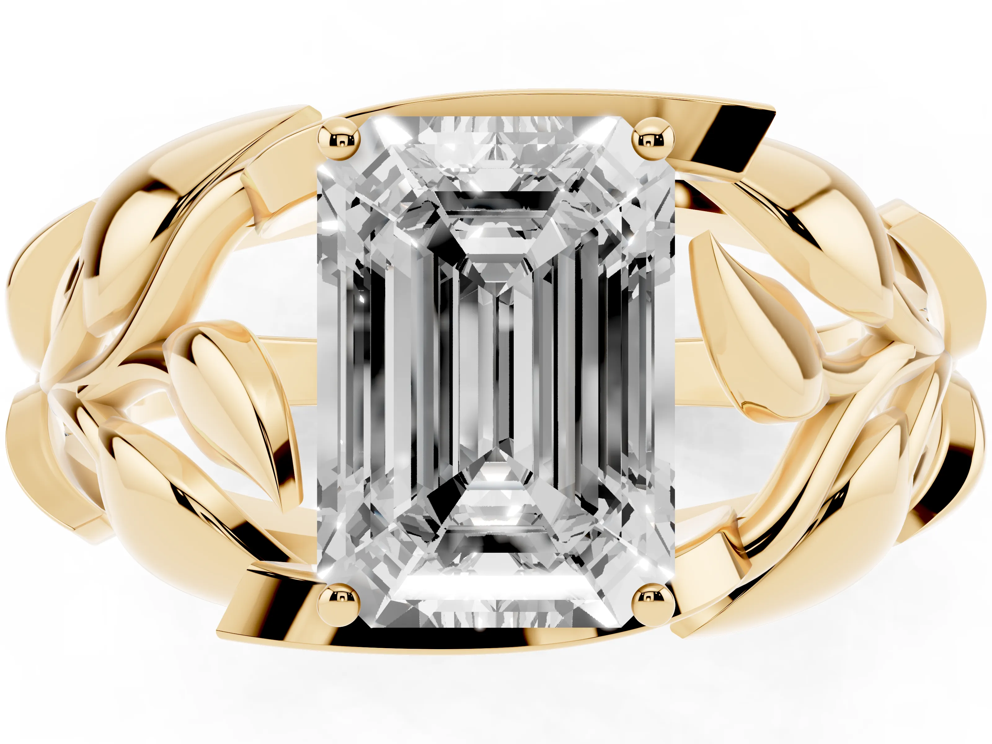 Emerald Cut Diamond Leaf-Inspired Engagement Ring Set in Yellow gold with Round Accents