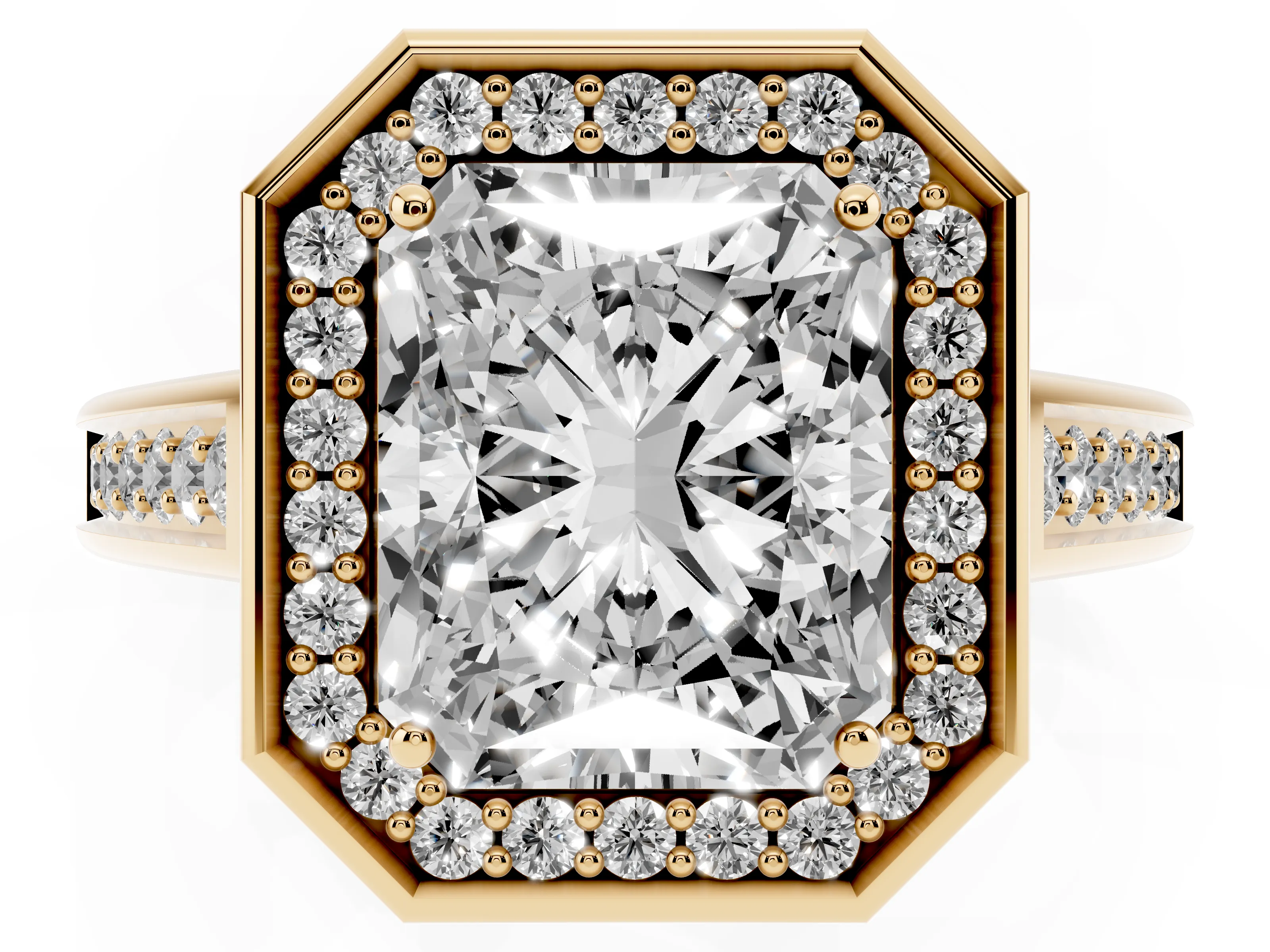 Emerald Cut Diamond Halo Solitaire Ring Set in Yellow gold with Pavé Band and Bezel Setting