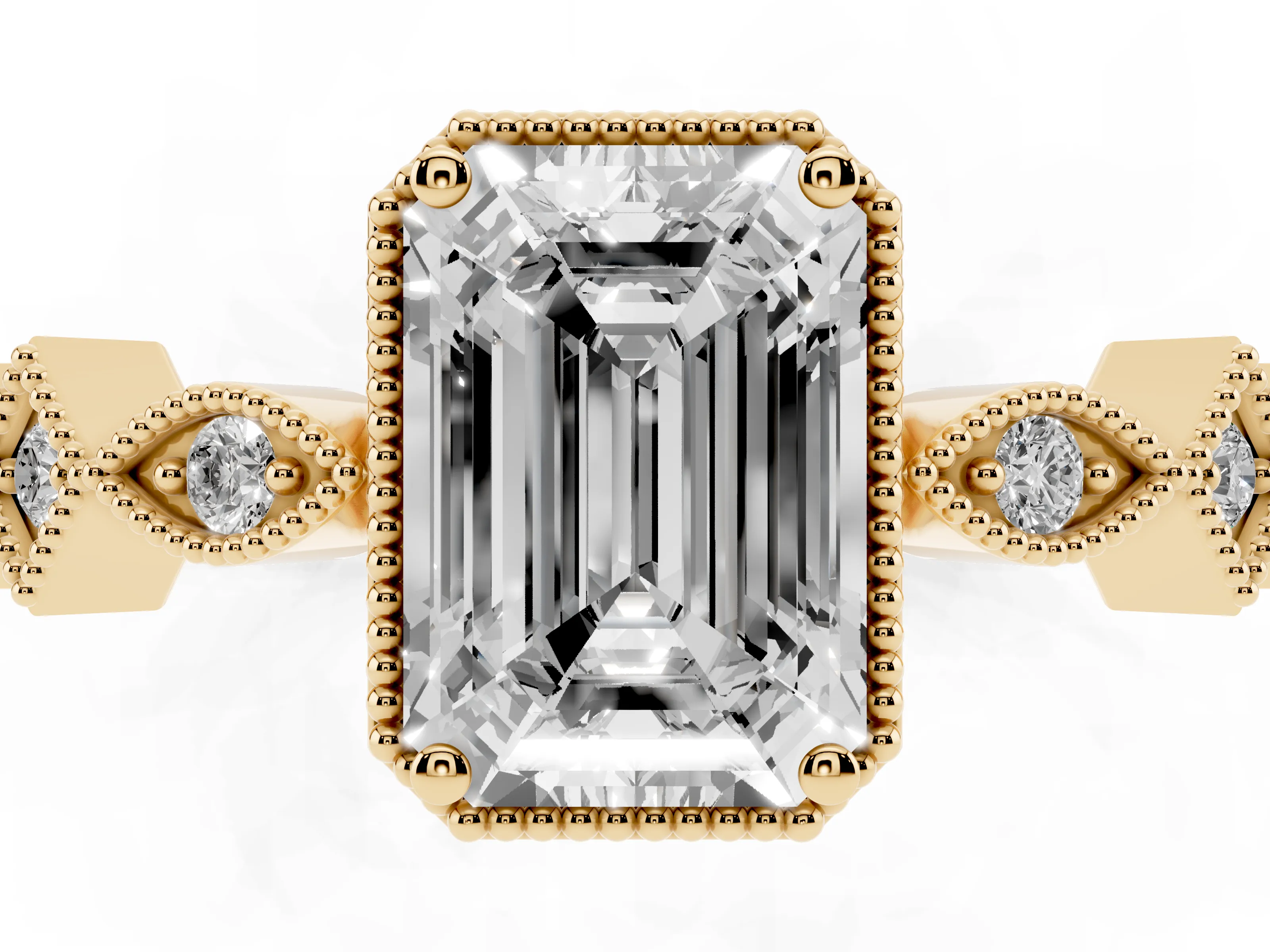 Emerald Cut Diamond Milgrain Marquise Twist Band Ring Set in Yellow gold with Prong Setting