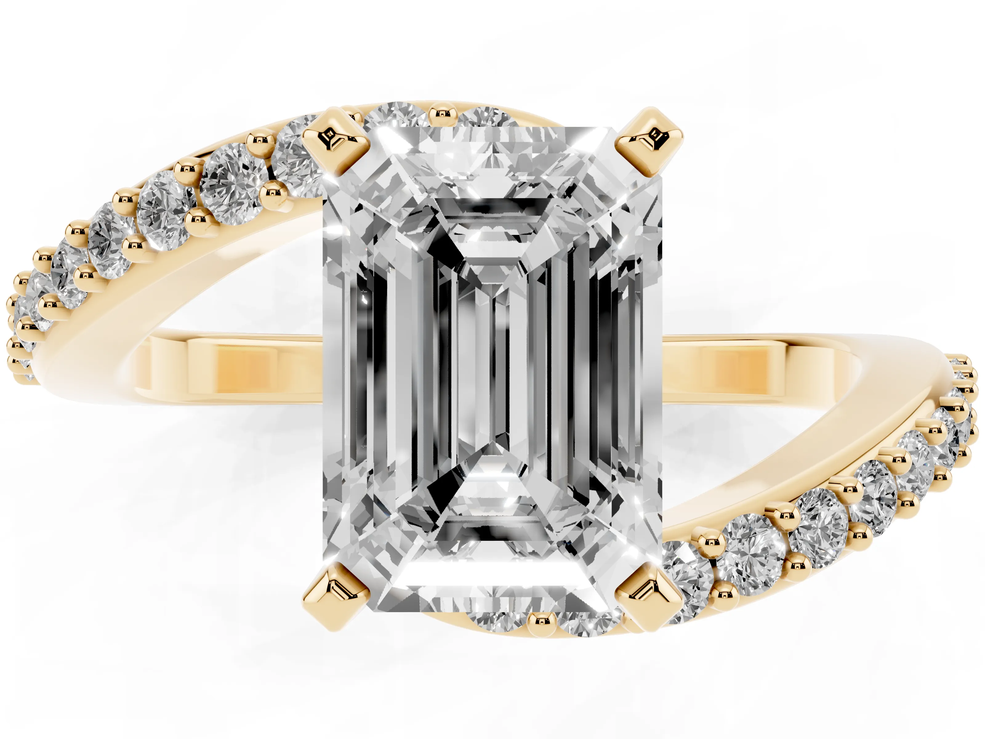Emerald Cut Diamond Solitaire Ring Set in Yellow gold with Pavé Twist Band and Prong Setting
